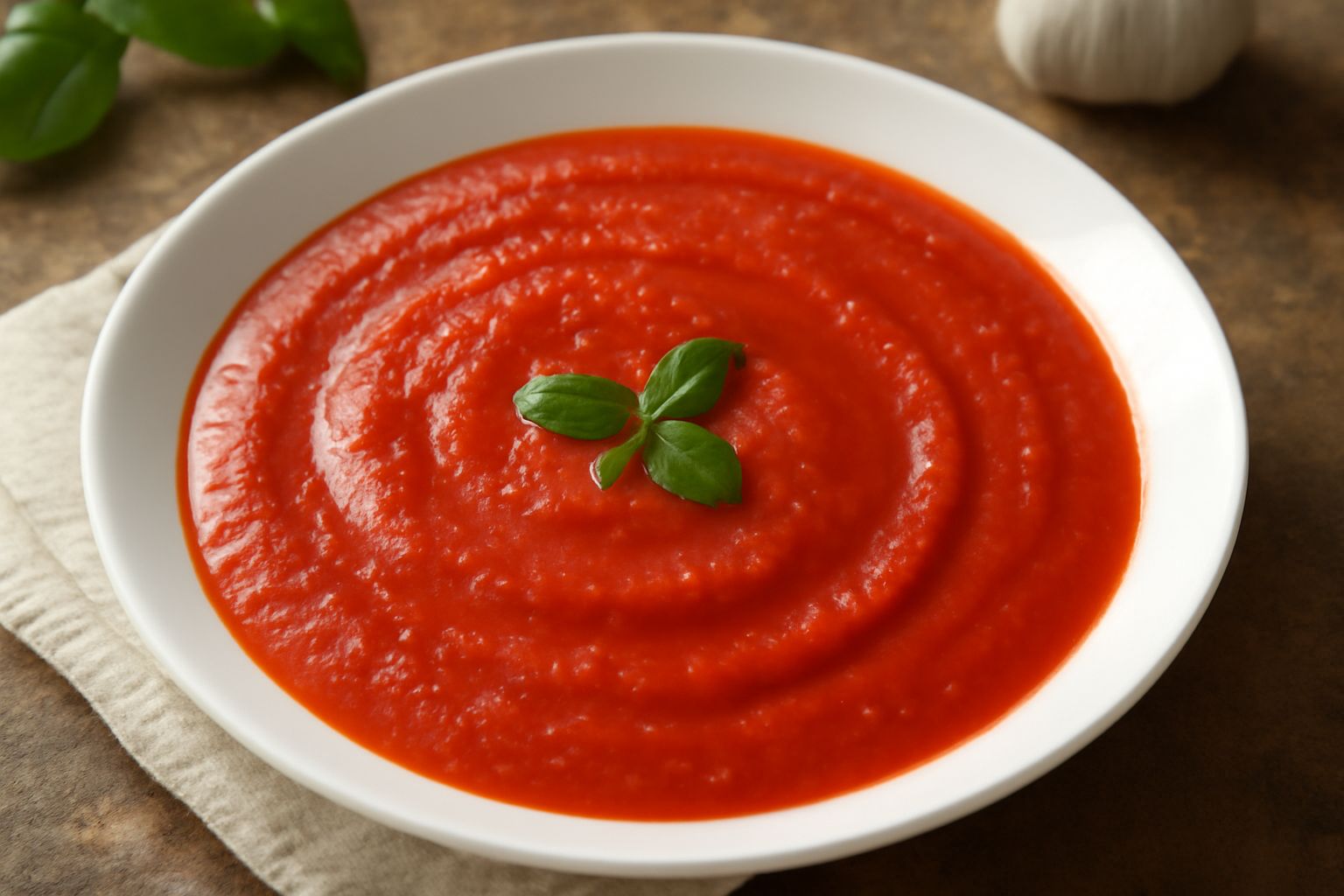 Salsa di pomodoro rosso acceso in un piatto bianco, superficie liscia e lucida, con una traccia di olio verde e una foglia di basilico verde scuro posata al centro, filo di olio d'oliva attorno al bor