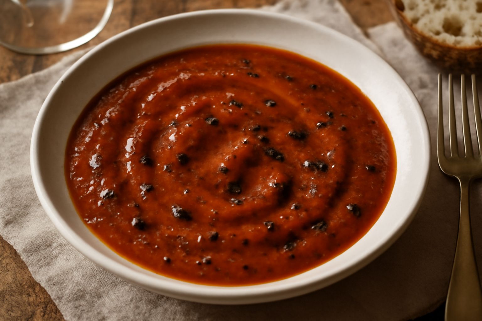 Salsa di pomodoro rosso scuro in una ciotola bianca, con visibili trucioli di tartufo nero sparse sulla superficie, accompagnata da un cucchiaio di legno e pomodori freschi sullo sfondo