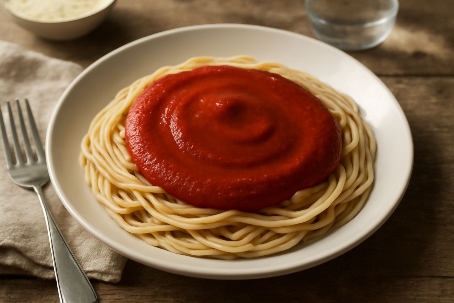 Salsa di pomodoro barese in un piatto bianco, colore rosso intenso, consistenza densa e liscia, con una goccia di olio extravergine in superficie e basilico fresco accanto