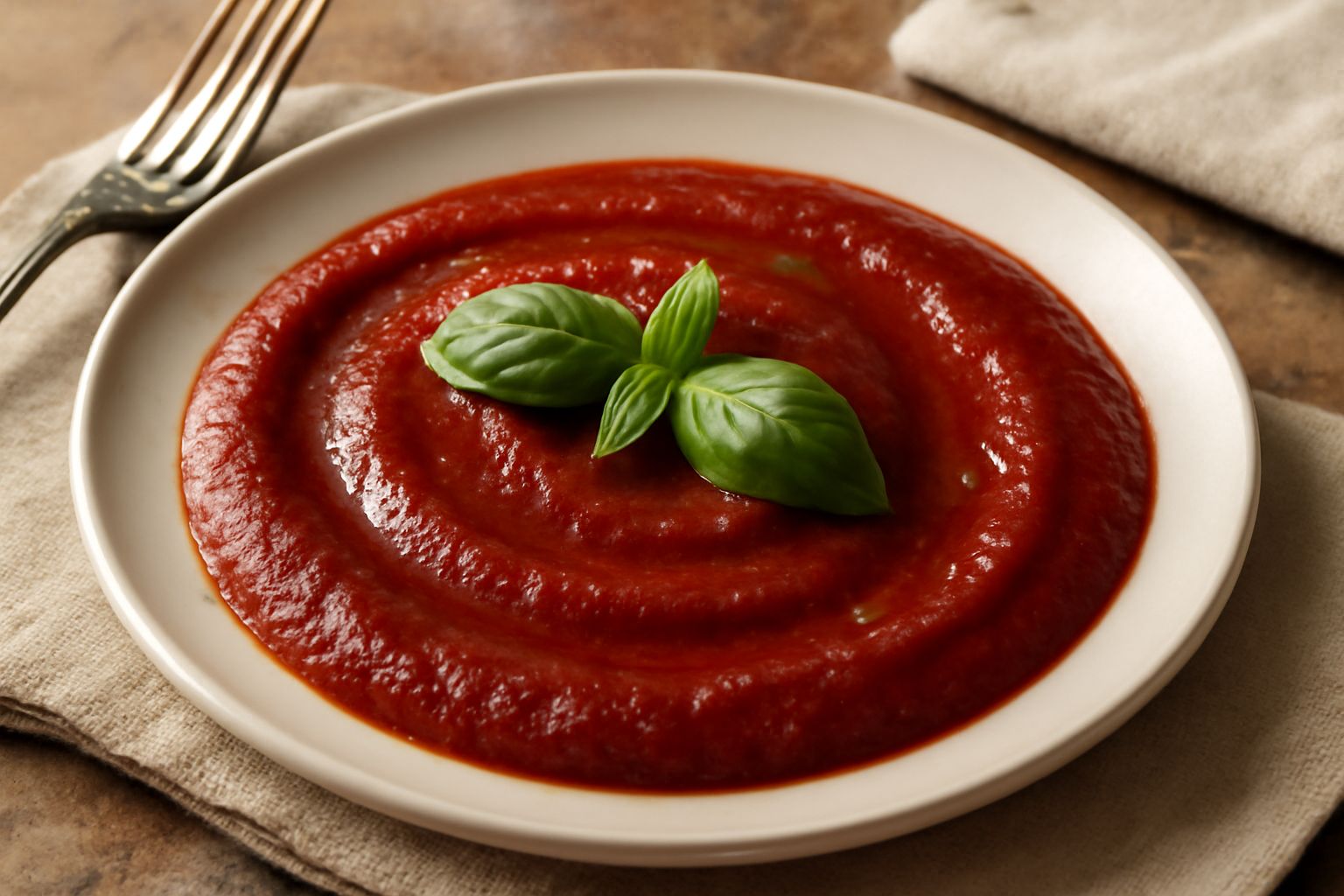 Salsa di pomodoro bergamasca in una ciotola di ceramica bianca, color rosso profondo, con foglioline di basilico fresco e gocce di olio extravergine, sfondo bianco neutro