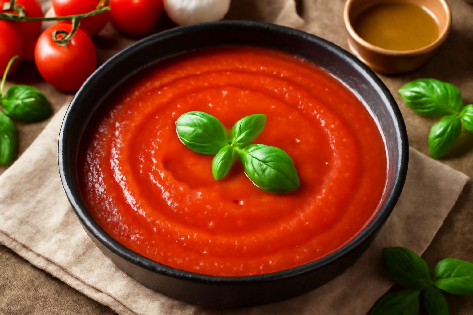 Salsa di pomodoro in una ciotola di ceramica bianca, di colore rosso acceso, con foglie di basilico fresco adagiato sopra e gocce di olio extravergine verde, accanto una pentola in acciaio e pomodori 
