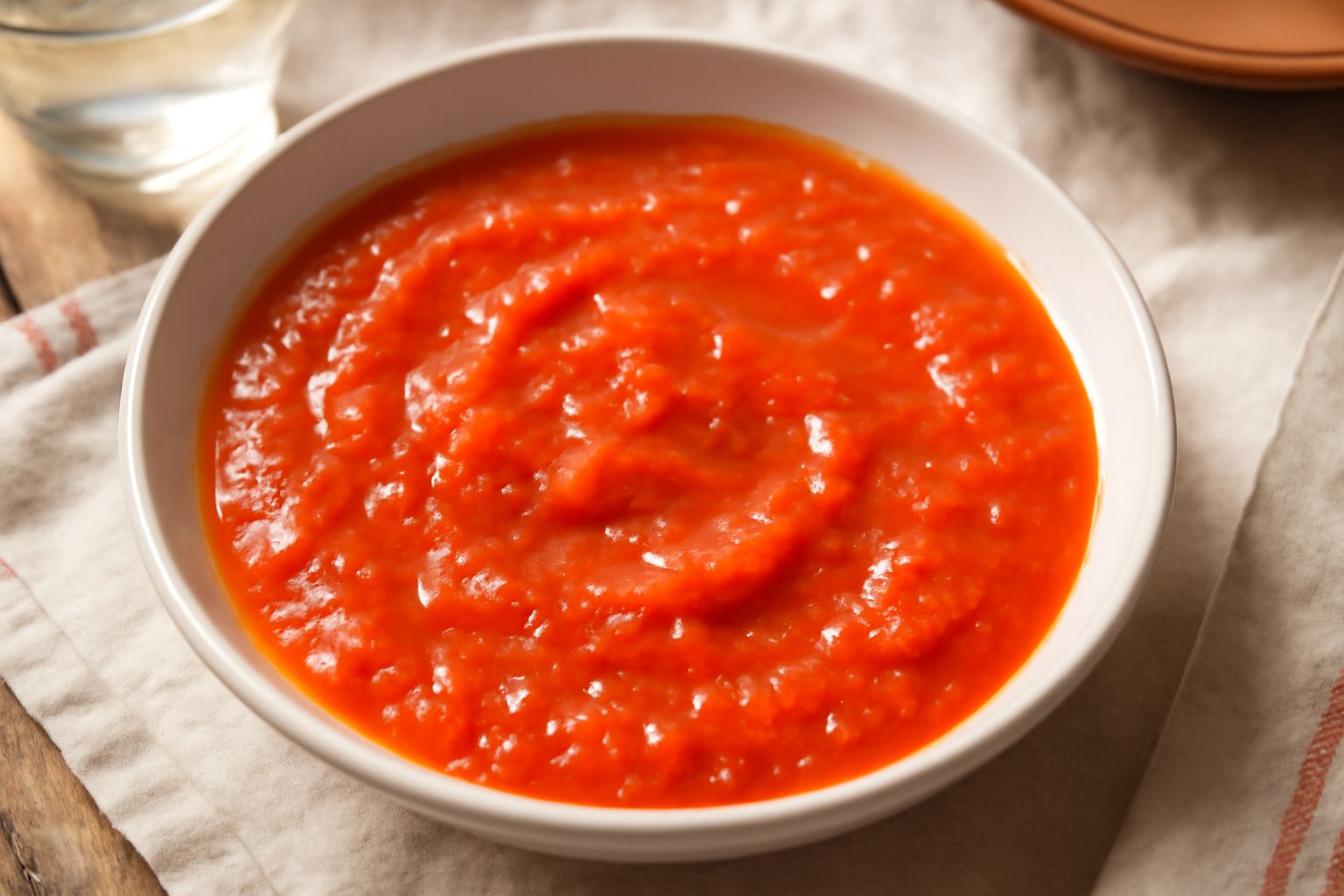 Salsa di pomodoro rosso vivace in una ciotola di ceramica bianca, con foglie di basilico fresco sopra, accompagnata da spicchi d'aglio e pomodori rossi interi sullo sfondo.
