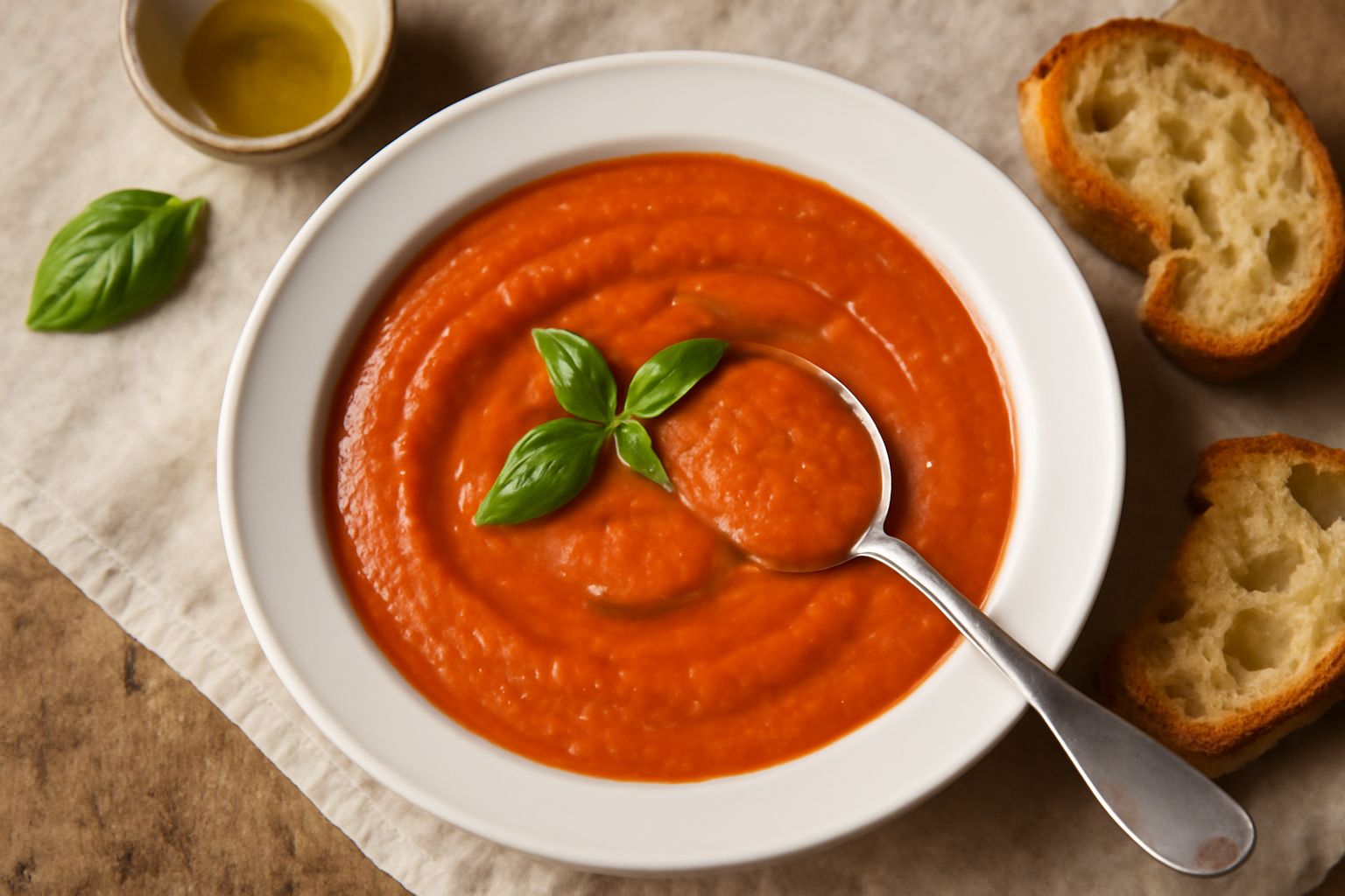 Salsa di pomodoro cremosa di colore rosso-arancio in una ciotola di ceramica bianca, con striature lisce di consistenza vellutata, un cucchiaio di legno sul bordo, servita con pezzi di pane tostato cr