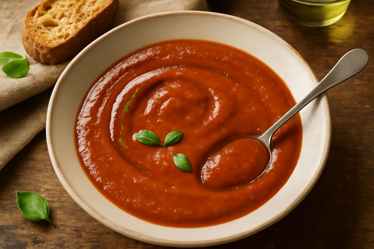 Una ciotola bianca con salsa di pomodoro rosso brillante, cremosa e omogenea, con tracce di olio verde oliva in superficie e un cucchiaio di legno immerso nel sugo.