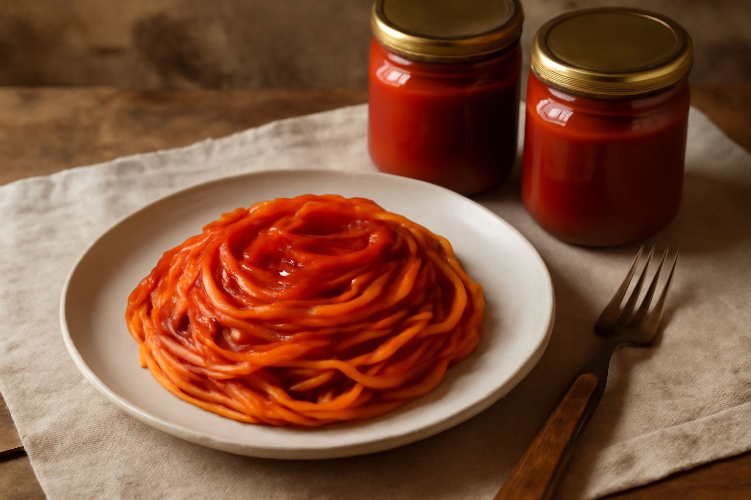 Barattoli di vetro trasparente pieni di salsa di pomodoro rosso scuro, con pomodori freschi rossi e basilico verde accanto, su un tavolo di legno chiaro