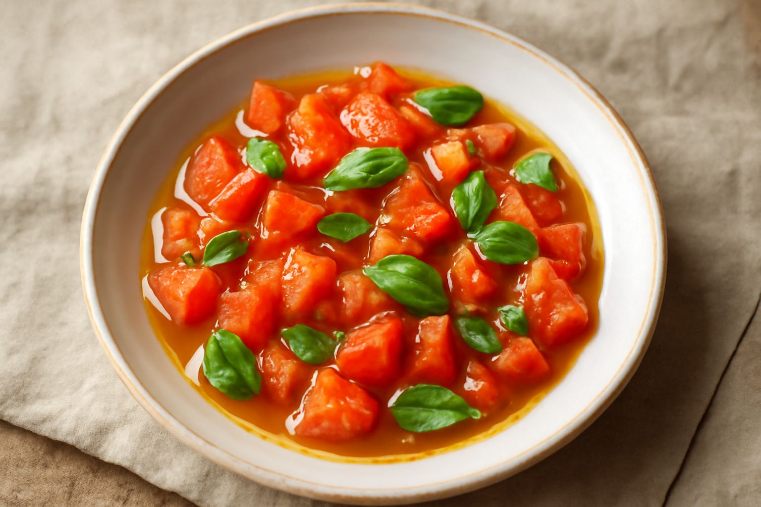Salsa di pomodoro crudo in una ciotola bianca: pezzi di pomodoro rosso vivo con semi visibili, foglie di basilico verde intere e scure, gocce di olio dorato, aglio tritato fine, su fondo di legno neut