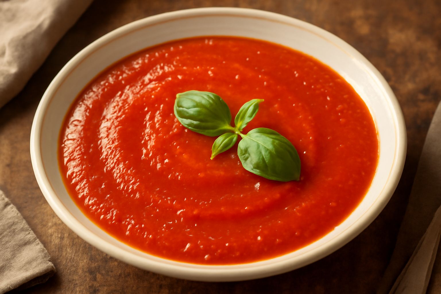 Una ciotola di ceramica bianca con salsa di pomodoro densa e rossa, guarnita con una foglia di basilico fresco verde e un filo d'olio dorato, su fondo di legno chiaro