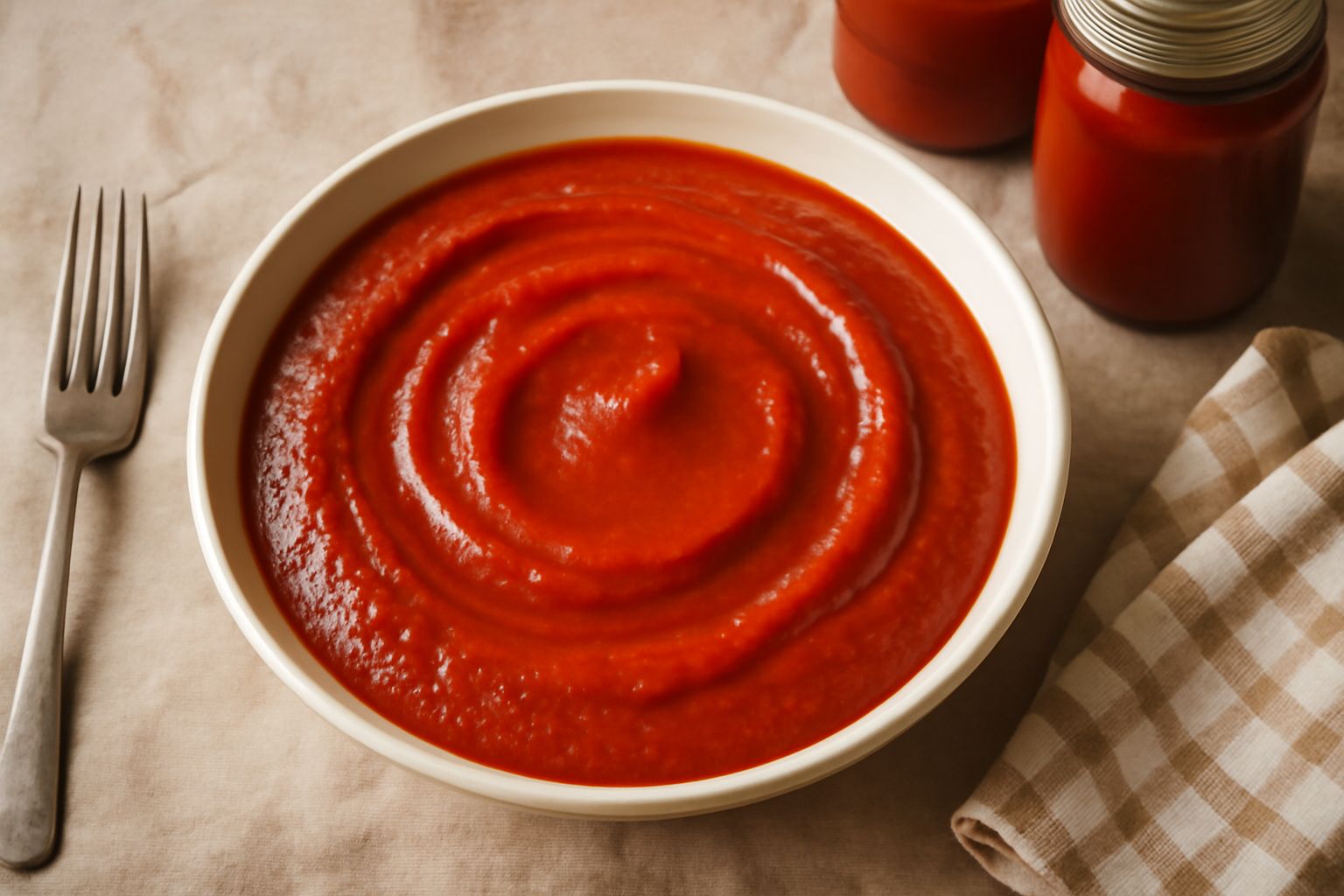 Salsa di pomodoro rosso scuro in una ciotola bianca, densa e omogenea, con gocce di olio d'oliva in superficie e foglie di basilico fresco accanto