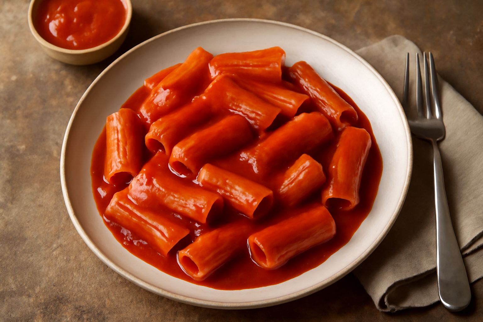 Salsa di pomodoro rosso intenso e densa in una pentola di acciaio, con gocce lucide di olio extravergine in superficie, aglio e basilico fresco accanto