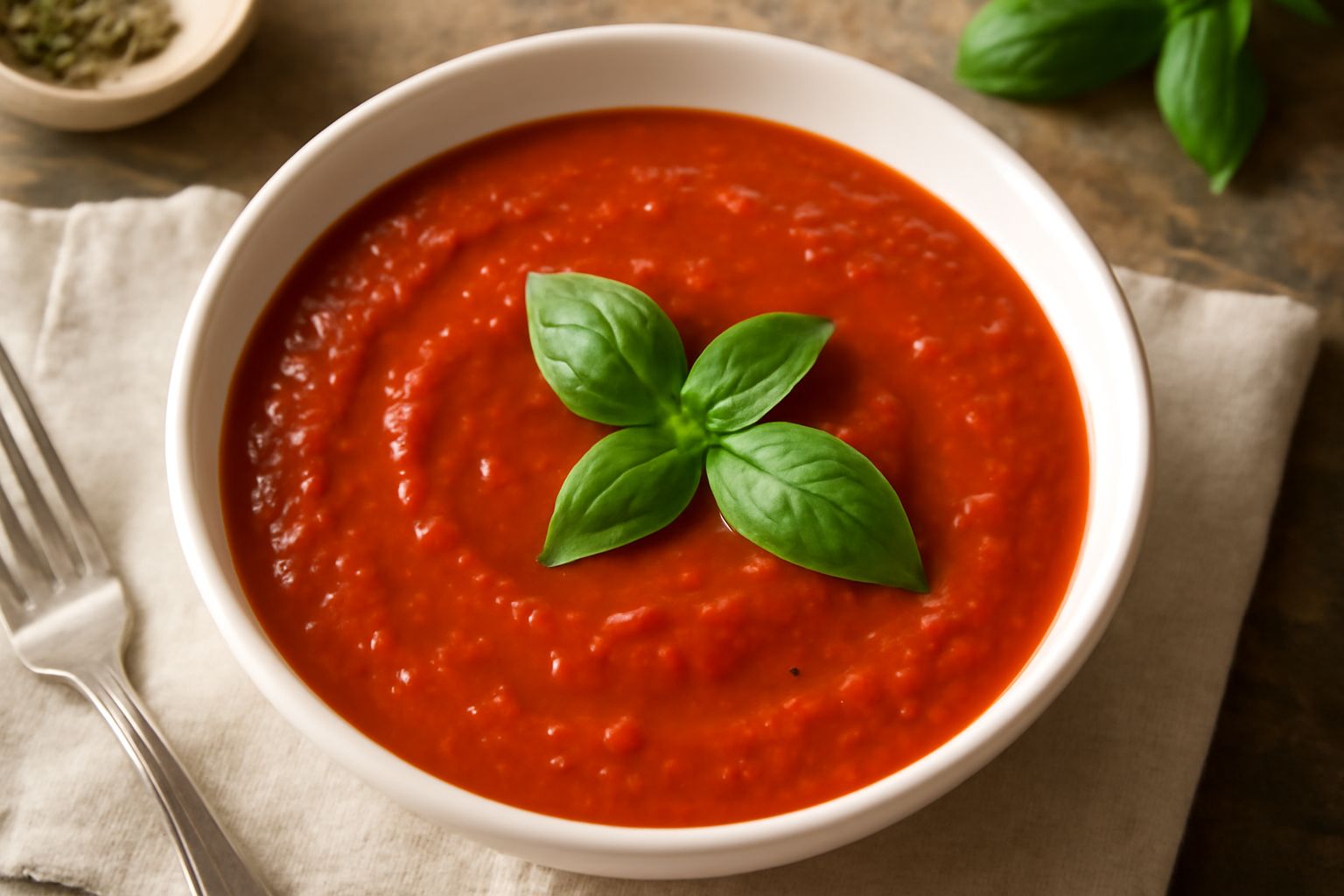 Salsa di pomodoro rosso vivo in ciotola bianca, con foglie di basilico verde appena appoggiate sopra, olio lucido in superficie, pasta nel piatto accanto