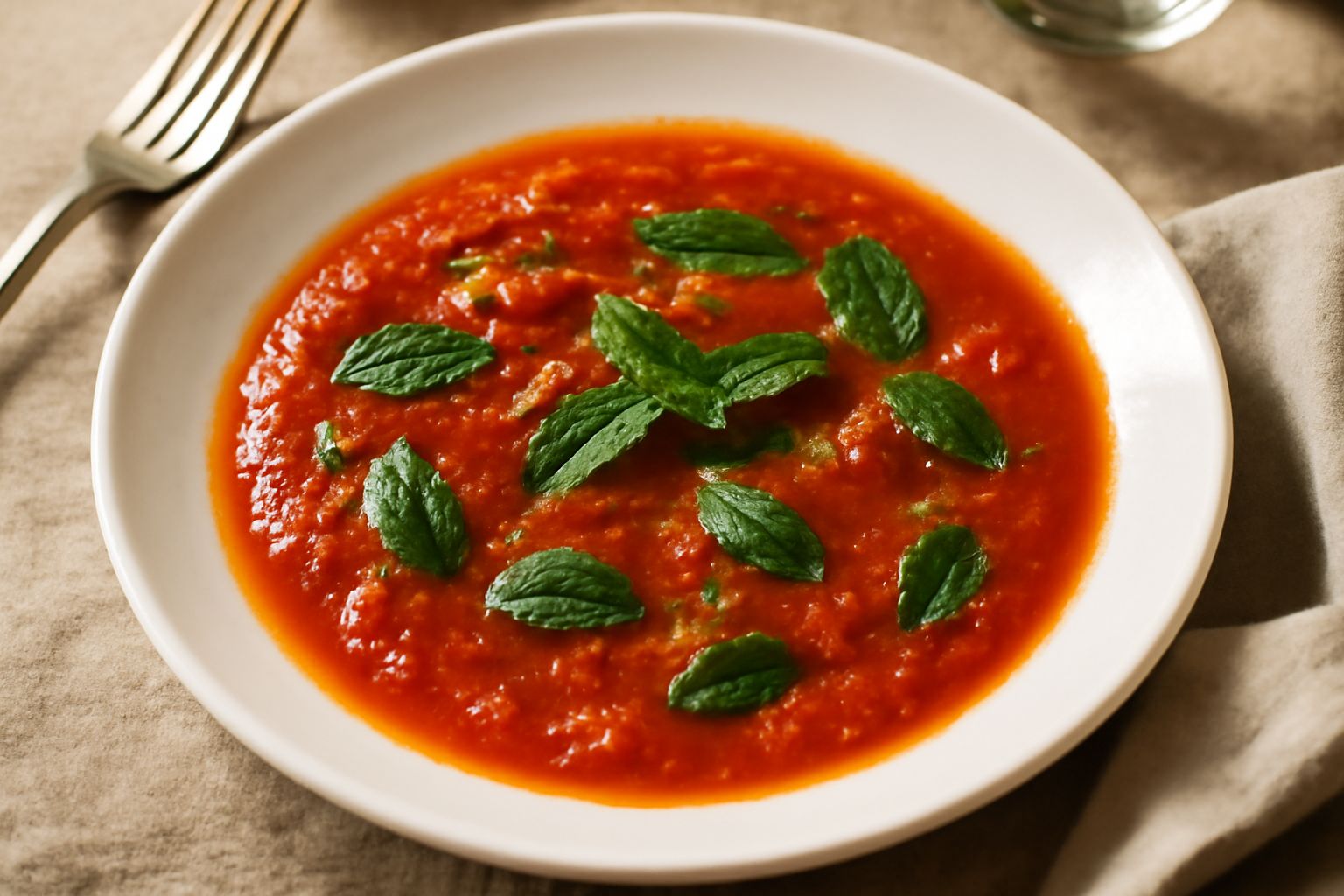 Salsa di pomodoro e menta in ciotola bianca, di colore rosso vivo con foglie di menta verde brillante sparse in superficie, accanto pomodori freschi tagliati a metà