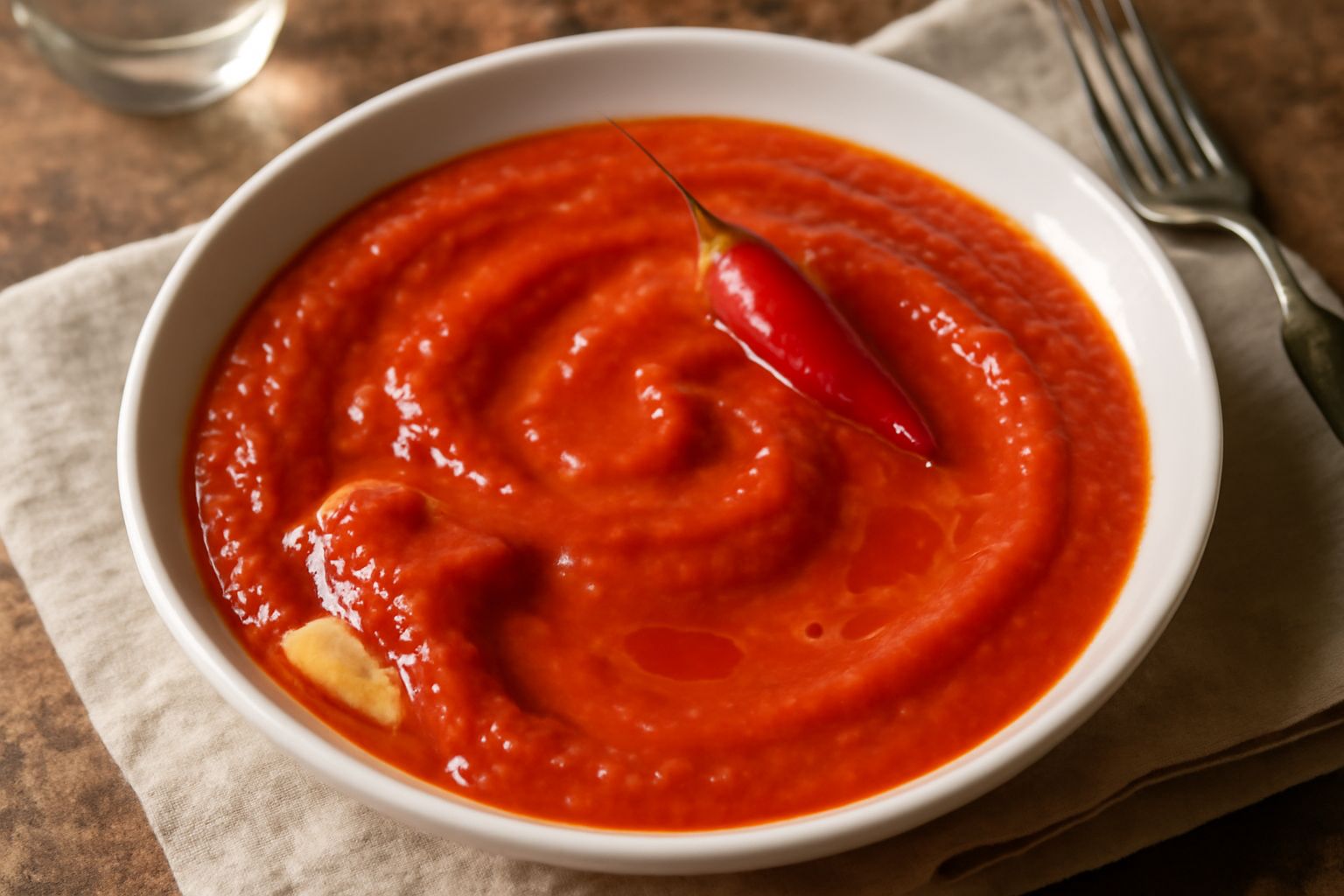 Salsa cremosa rosso acceso in un piatto bianco, con gocce di olio d'oliva in superficie, accompagnata da spaghetti leggermente ricoperti di salsa e una peperoncino fresco di lato