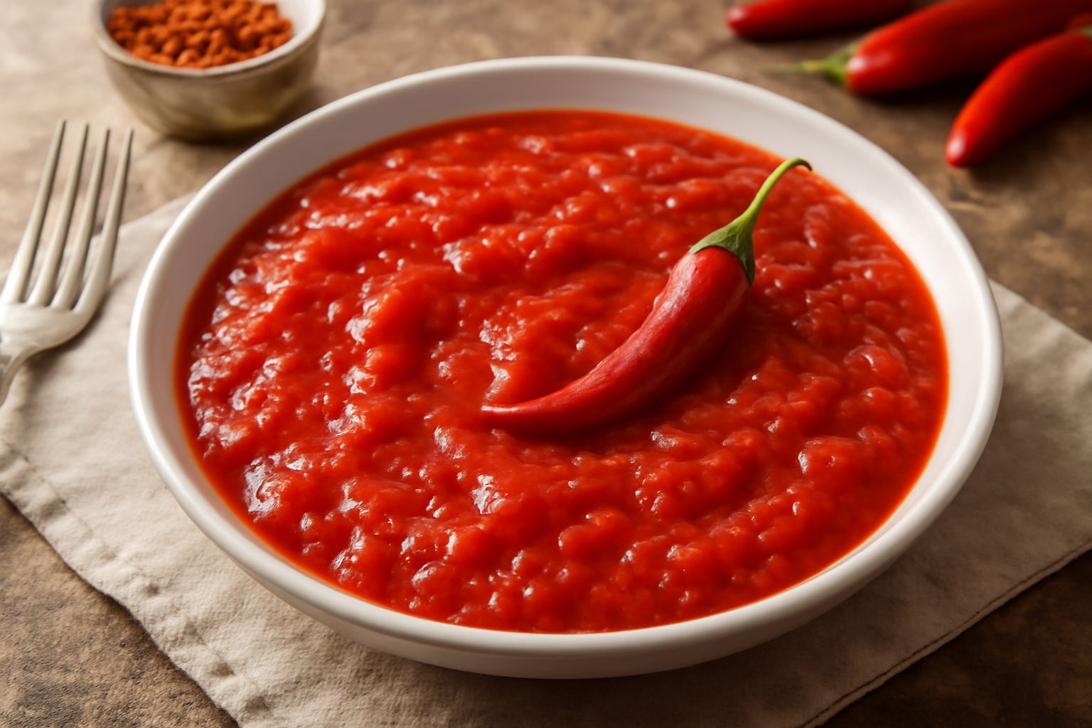 Salsa di pomodoro rosso brillante con piccoli frammenti di peperoncino rosso vivo, servita in una ciotola di ceramica bianca, con foglie di basilico fresco e un cucchiaio di legno sul tavolo di marmo