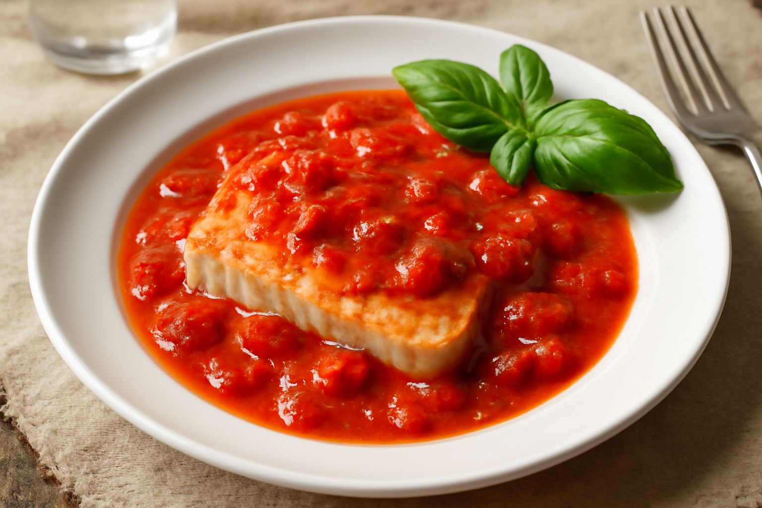 Filetto di pesce spada grigliato coperto di salsa di pomodoro rosso vivo, guarnito con basilico fresco e gocce di olio d'oliva, impiattato su piatto bianco con contorno di verdure grigliate
