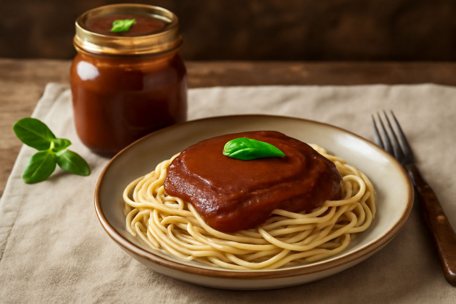 Barattoli di vetro trasparenti ripieni di salsa di pomodoro densa color rosso scuro, basilico fresco adagiato sopra, accanto pomodori rossi maturi e spicchi d'aglio su tavolo di legno