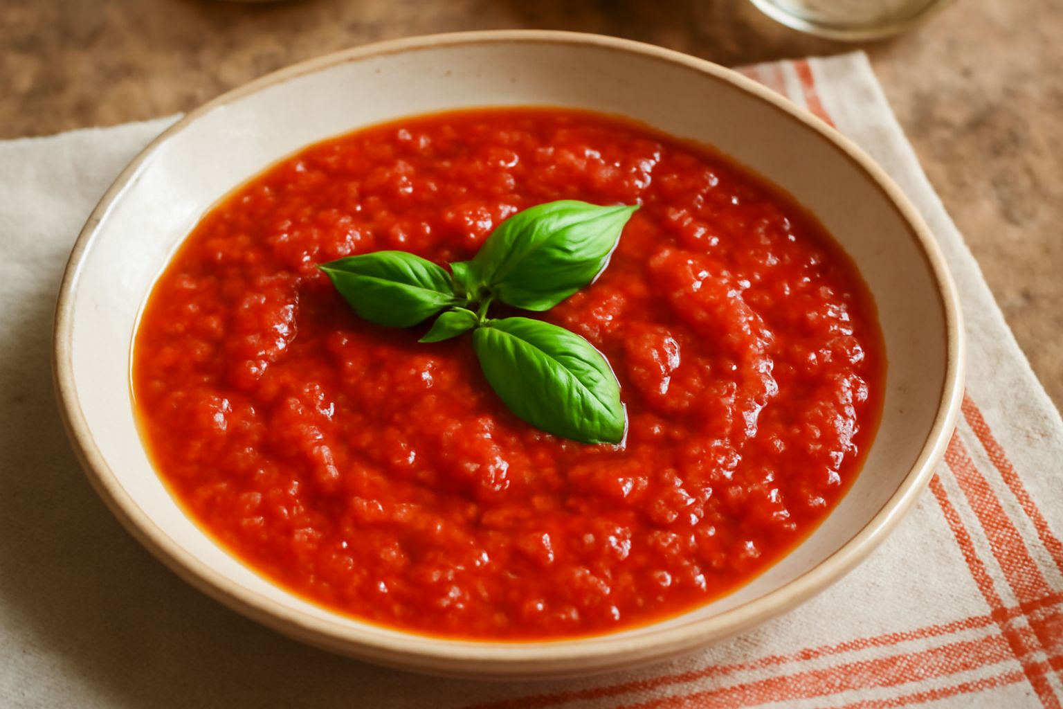 Salsa di pomodoro rosso vivo in una ciotola bianca, con dadi di pomodoro ben visibili, foglie di basilico verde, gocce d'olio dorato. Sul tavolo, pomodori freschi e aglio intero.
