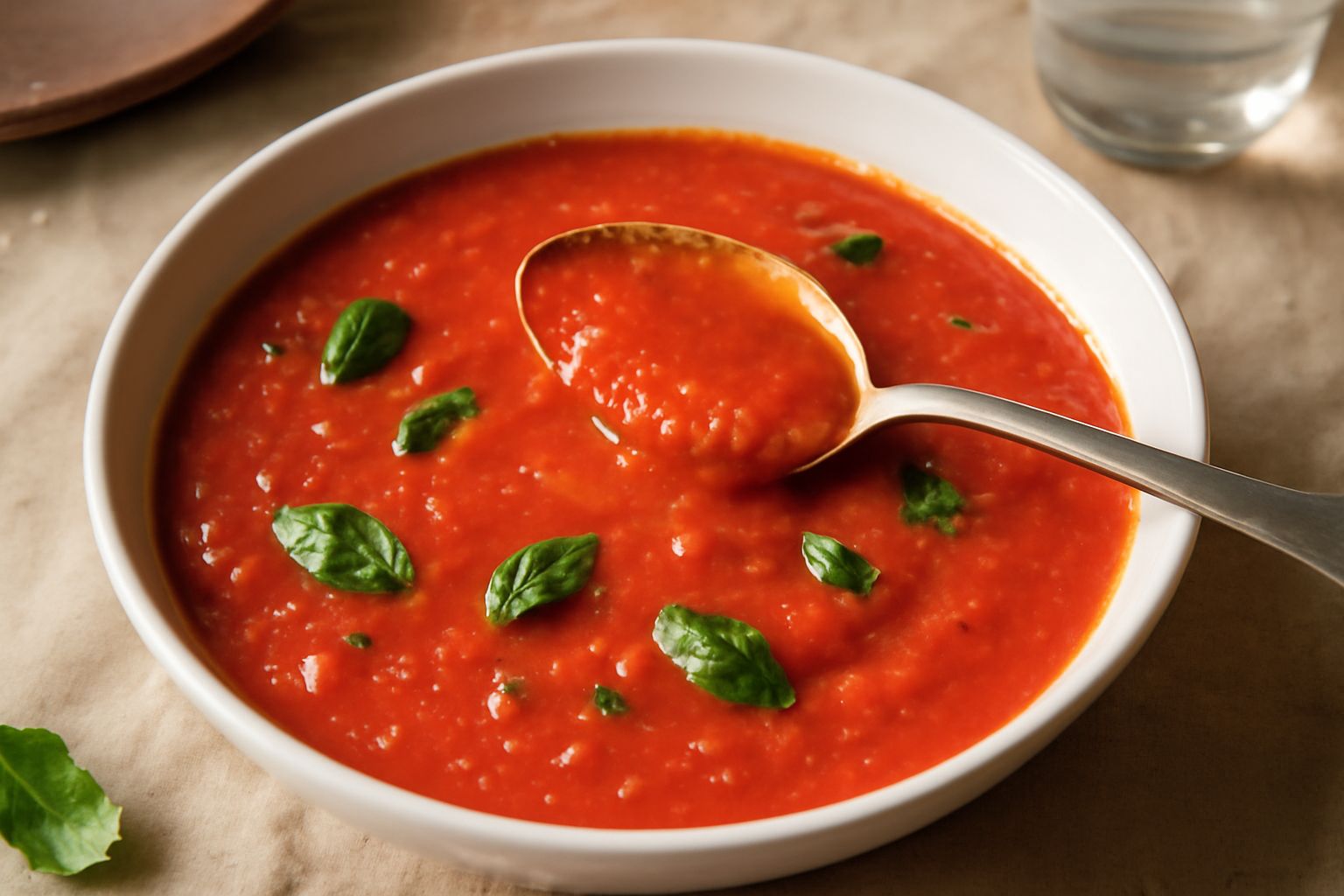 Salsa di pomodoro fresco in una ciotola bianca, di colore rosso acceso, con gocce di olio d'oliva verde, foglie di basilico fresche sulla superficie, pomodori interi e aglio a lato su un piano di lavo