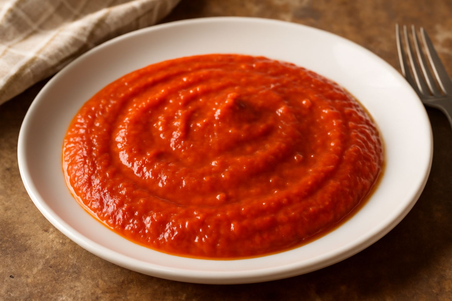 Salsa di pomodoro friulana in un piatto bianco, colore rosso vivo con gocce di olio lucido in superficie, guarnita con basil fresco e pepe nero macinato, accanto a un cucchiaio di legno
