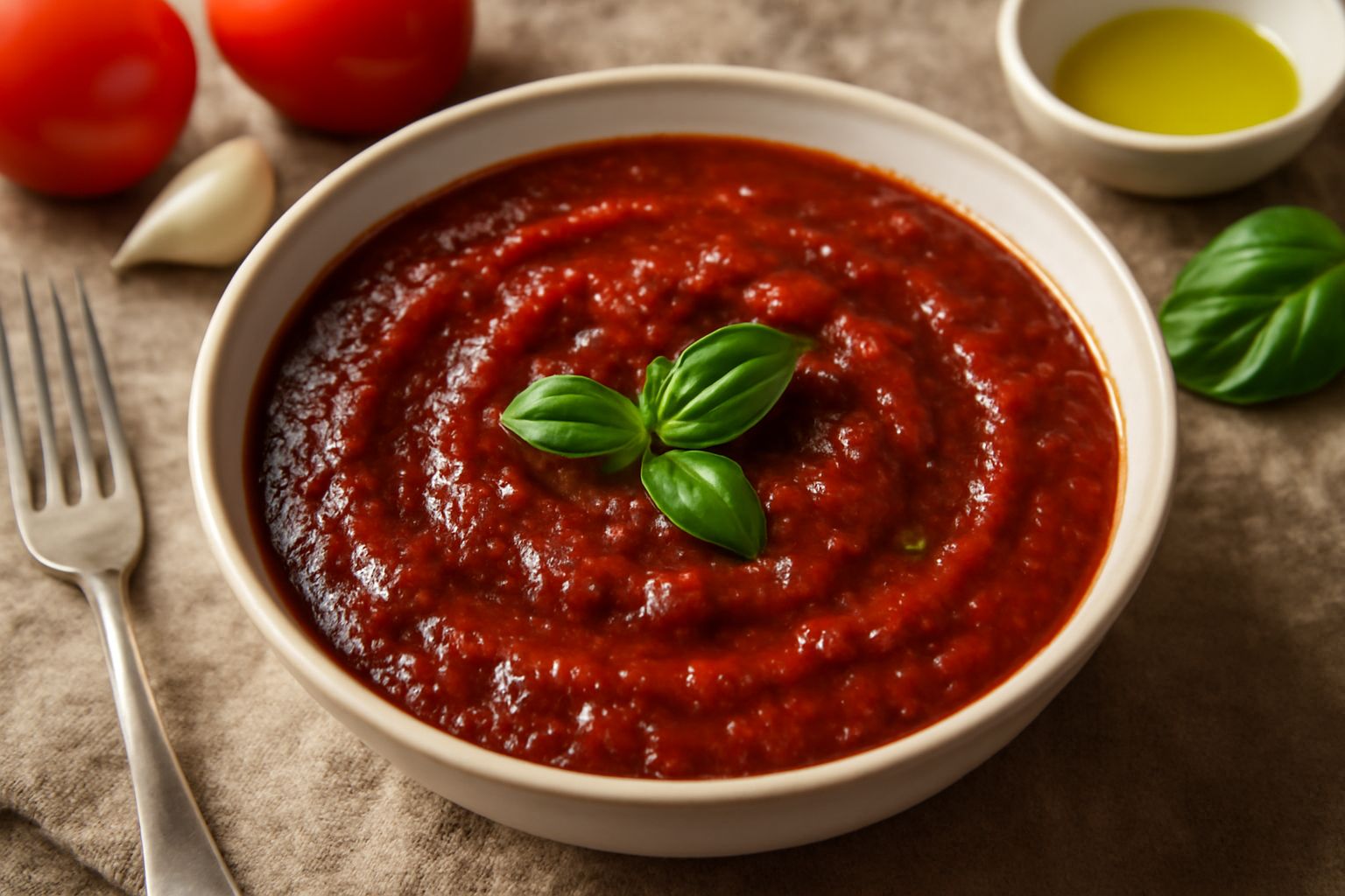 Salsa di pomodoro rosso intenso in una ciotola bianca, con foglie di basilico verde fresco appoggiate sopra, gocce di olio extravergine lucido sulla superficie, accanto spicchi d'aglio sbucciato e pom