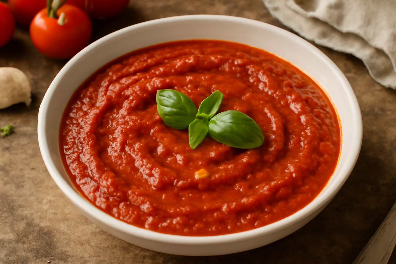 Salsa di pomodoro ragusano in una ciotola bianca, rosso intenso, densa e cremosa, con foglie di basilico fresco e gocce di olio verde in superficie, su tavolo di marmo