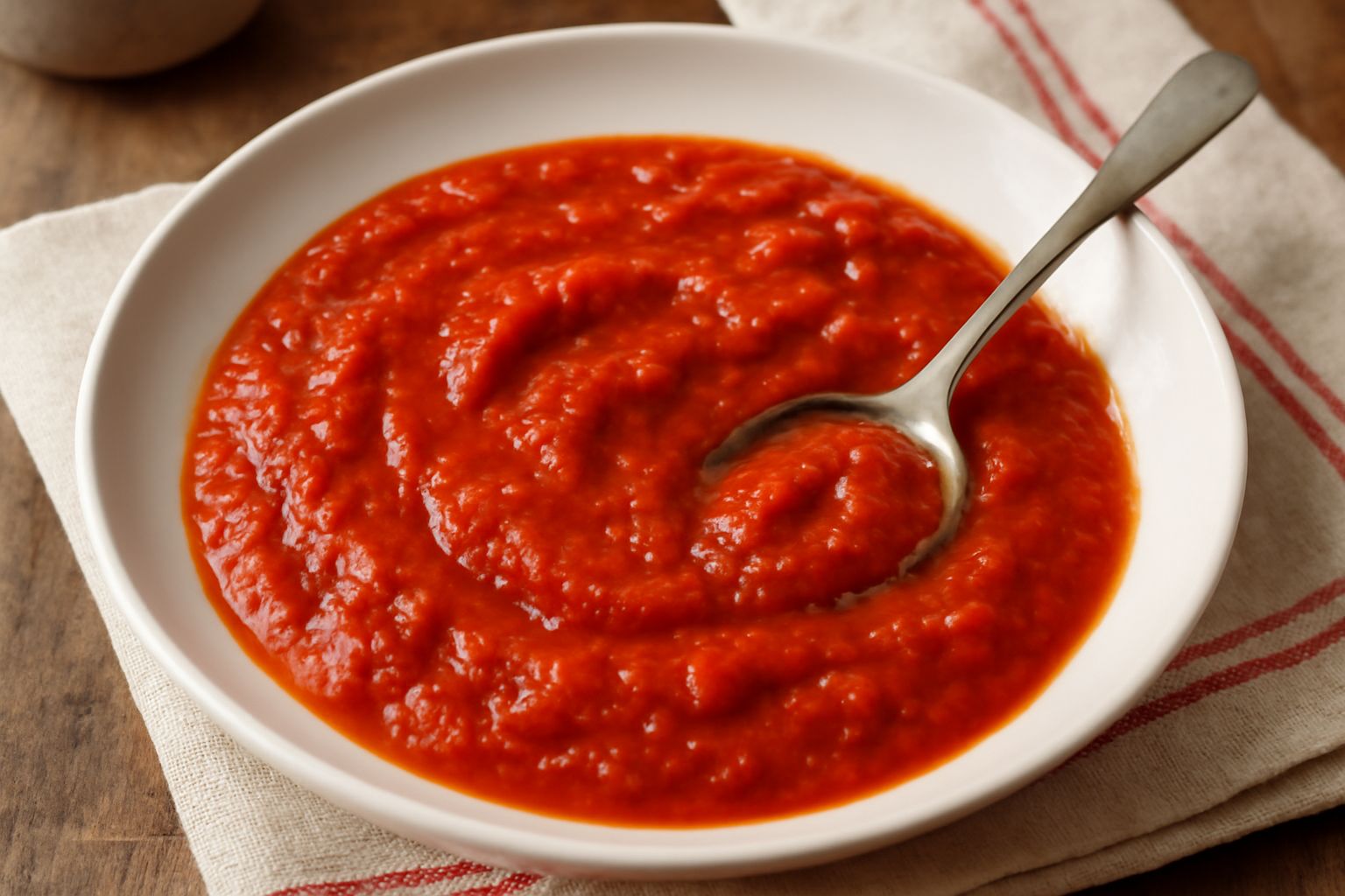 Salsa di pomodoro romagnola di colore rosso vivo in una ciotola bianca, cremosa e densa, con gocce di olio d'oliva in superficie e sfondo scuro sfocato
