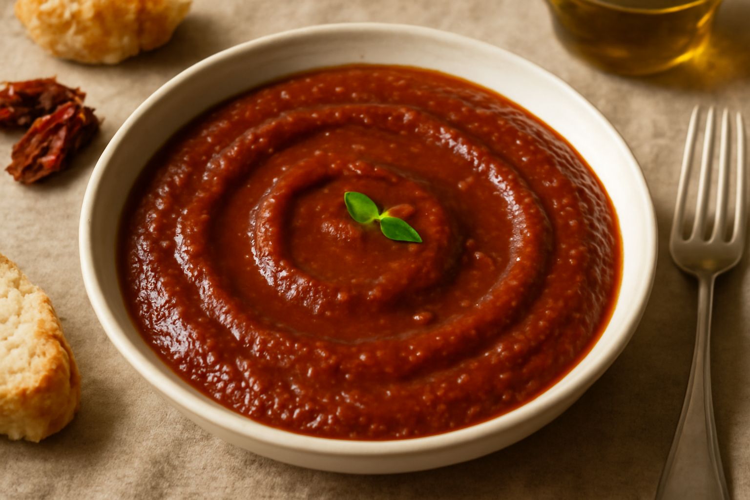 Salsa di pomodoro secco in una ciotola bianca, di colore rosso scuro, con tracce di olio lucido in superficie e basil fresco accanto, su fondo di legno chiaro