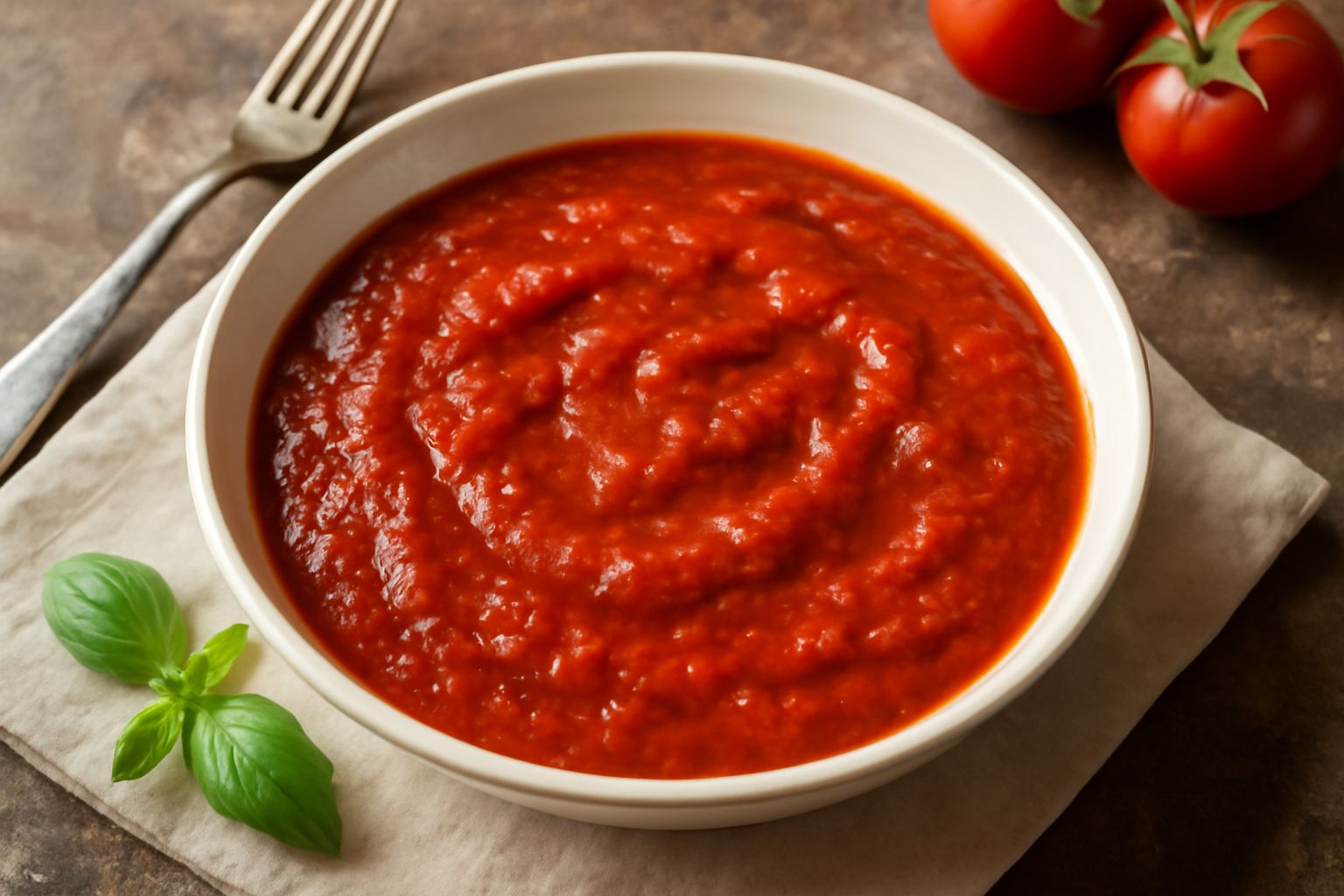 Salsa di pomodoro selvatico in ciotola di ceramica bianca, di colore rosso intenso, con piccoli pezzi di pomodoro visibili, basilico fresco appoggiato sul bordo, luce naturale da finestra