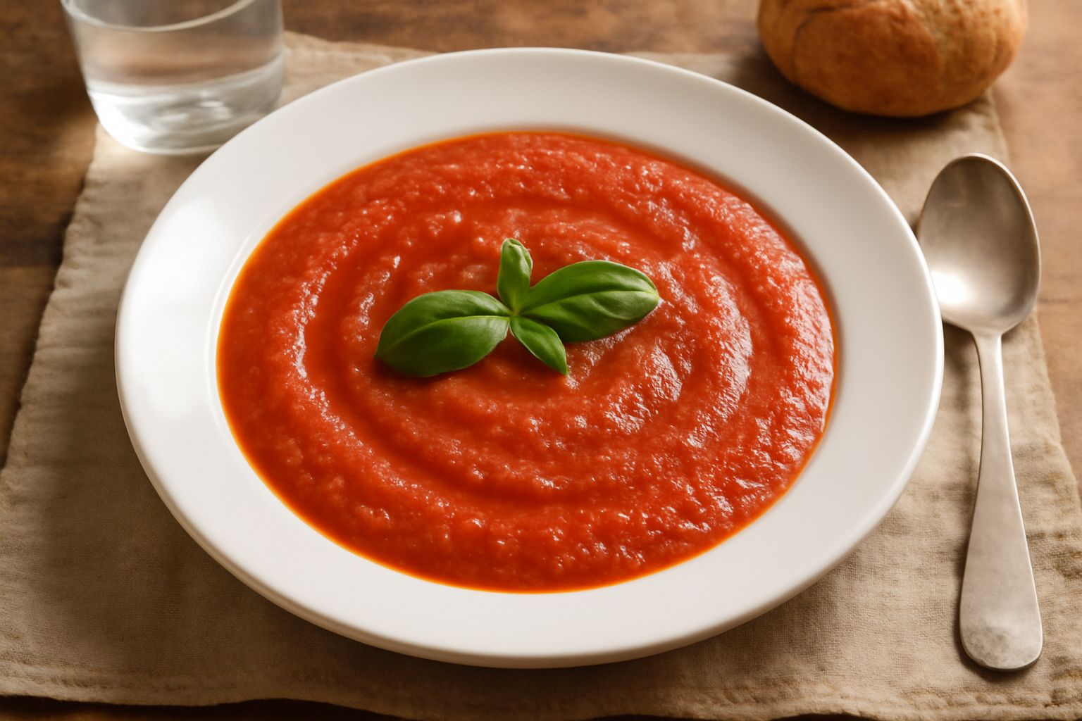 Salsa di pomodoro densa e omogenea in un piatto bianco, colore rosso intenso, qualche foglia di basilico fresco sulla superficie, gocce di olio verde scuro, fondo sfocato di una cucina in legno