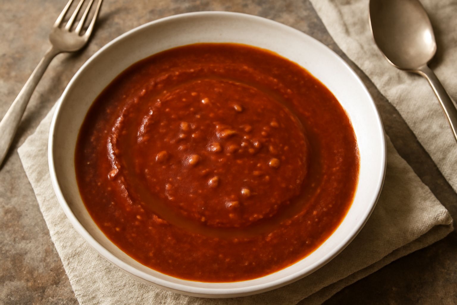 Salsa di pomodoro triestina rosso scuro in ciotola di ceramica bianca, con gocce d'olio lucido in superficie, aglio affettato sugli ingredienti crudi accanto, cucchiaio di legno appoggiato