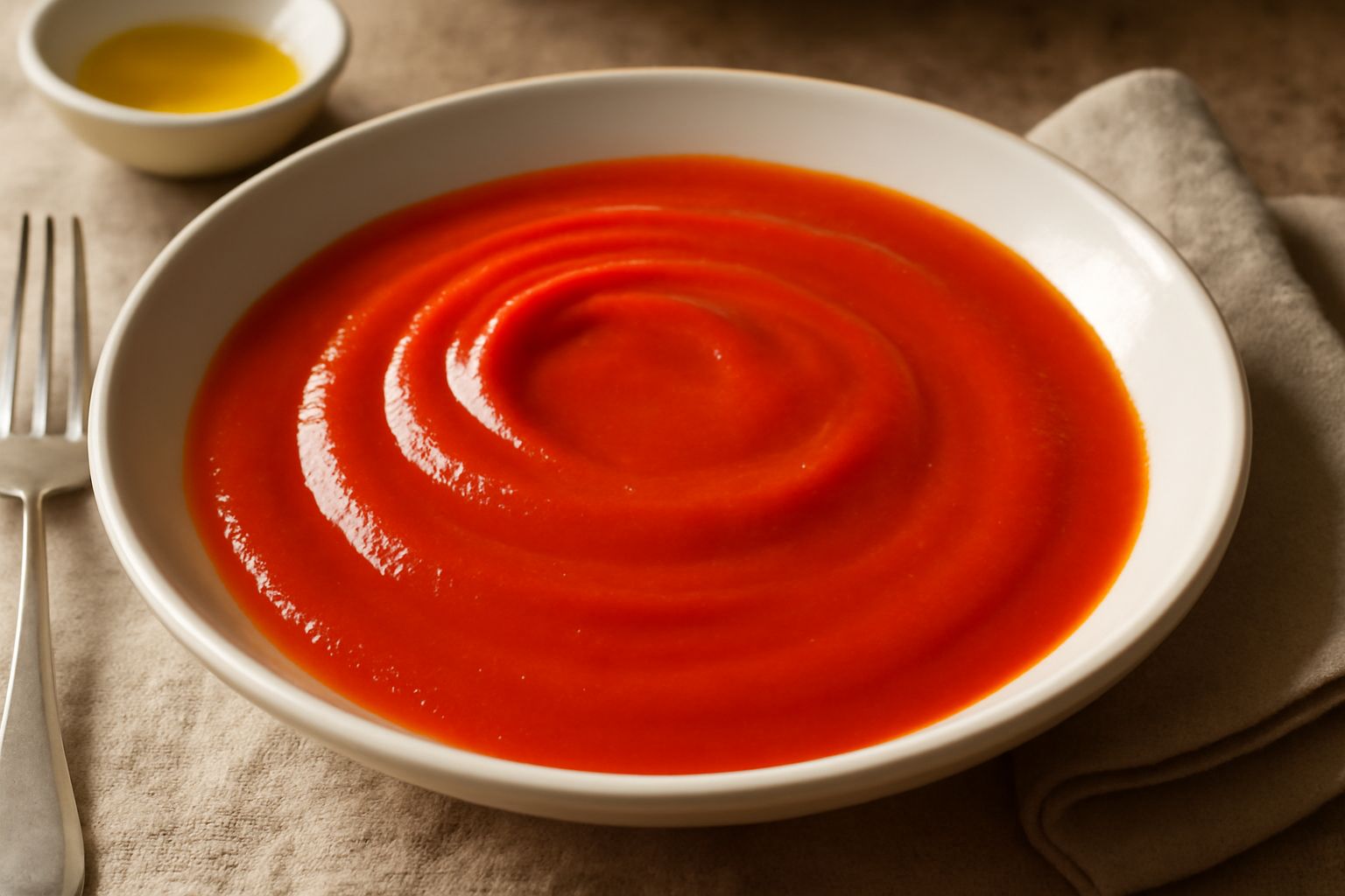 Salsa di pomodoro densa e liscia in una ciotola bianca, di colore rosso acceso, con una goccia di olio d'oliva in superficie e un rametto di basilico fresco appoggiato sul bordo