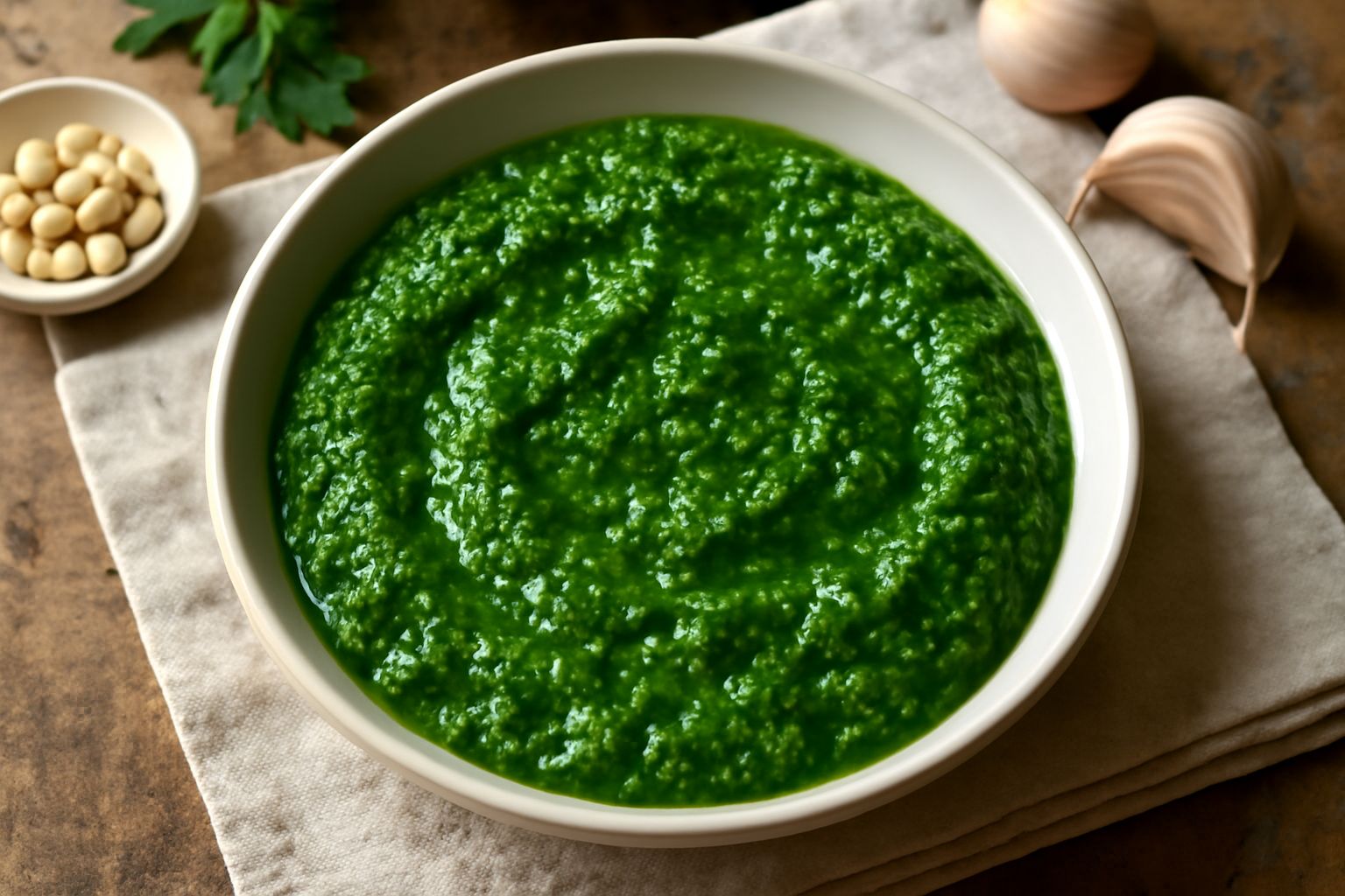 Salsa di prezzemolo e aglio in una ciotola di ceramica bianca, di colore verde brillante con gocce di olio, prezzemolo fresco tritato visibile, cucchiaio di legno accanto, fondo di marmo grigio