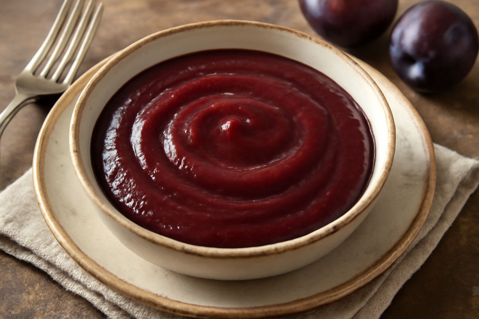 Salsa di prugna densa e lucida di colore rosso bordeaux in una ciotola di ceramica bianca, con un cucchiaio di legno poggiato dentro, sfondo sfocato di legno scuro