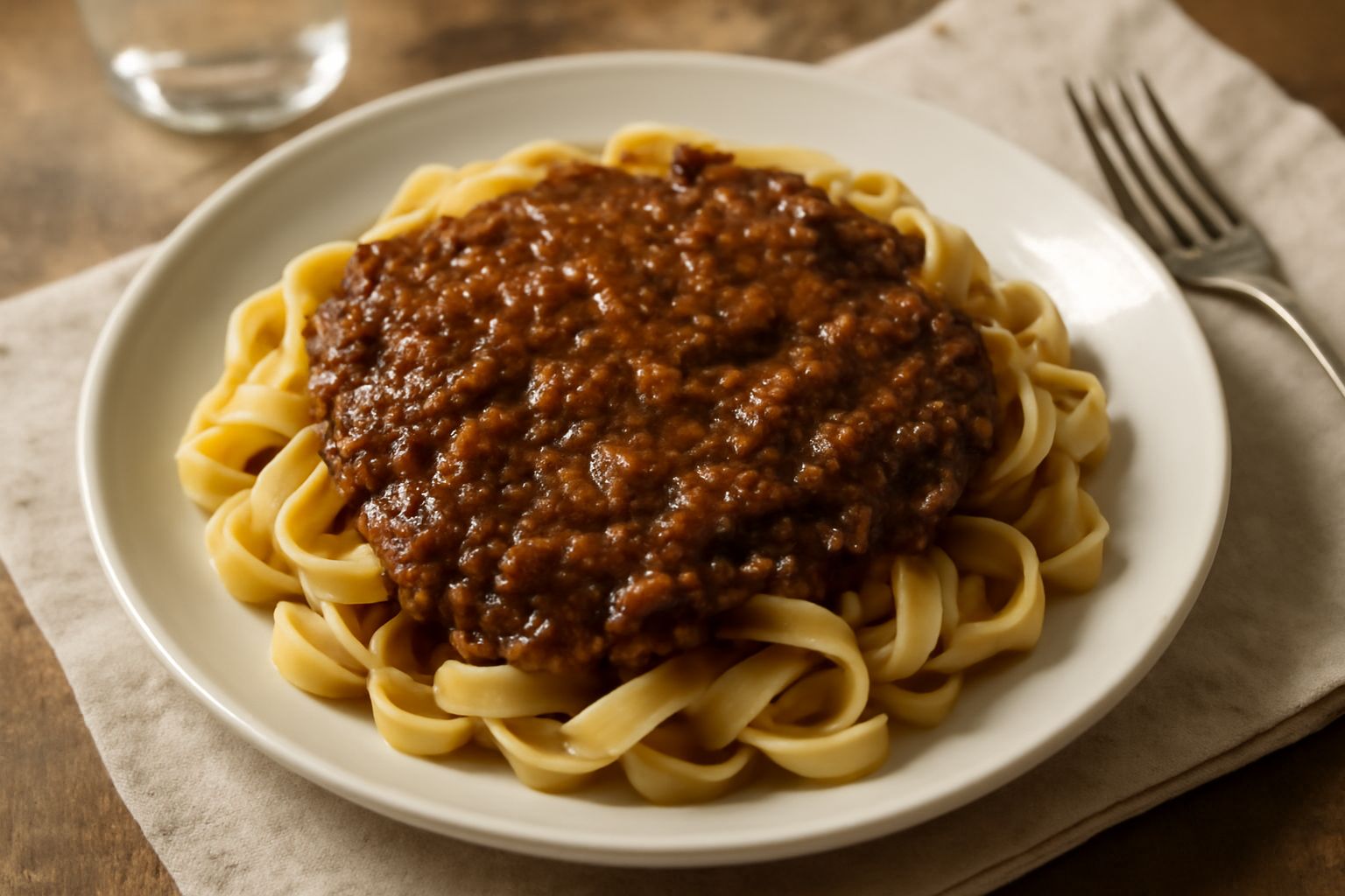 Un piatto di pasta fresca fettuccina coperta di ragù marrone scuro e denso, guarnito con parmigiano grattugiato bianco, su sfondo bianco con cucchiaio di legno accanto
