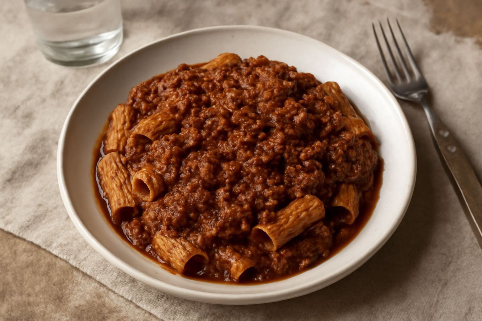 Ragù leggero in una ciotola bianca, color marrone intenso, con consistenza densa e cremosa, con gocce di olio in superficie, accompagnato da cucchiaio di legno e rametti di rosmarino fresco sul tavolo