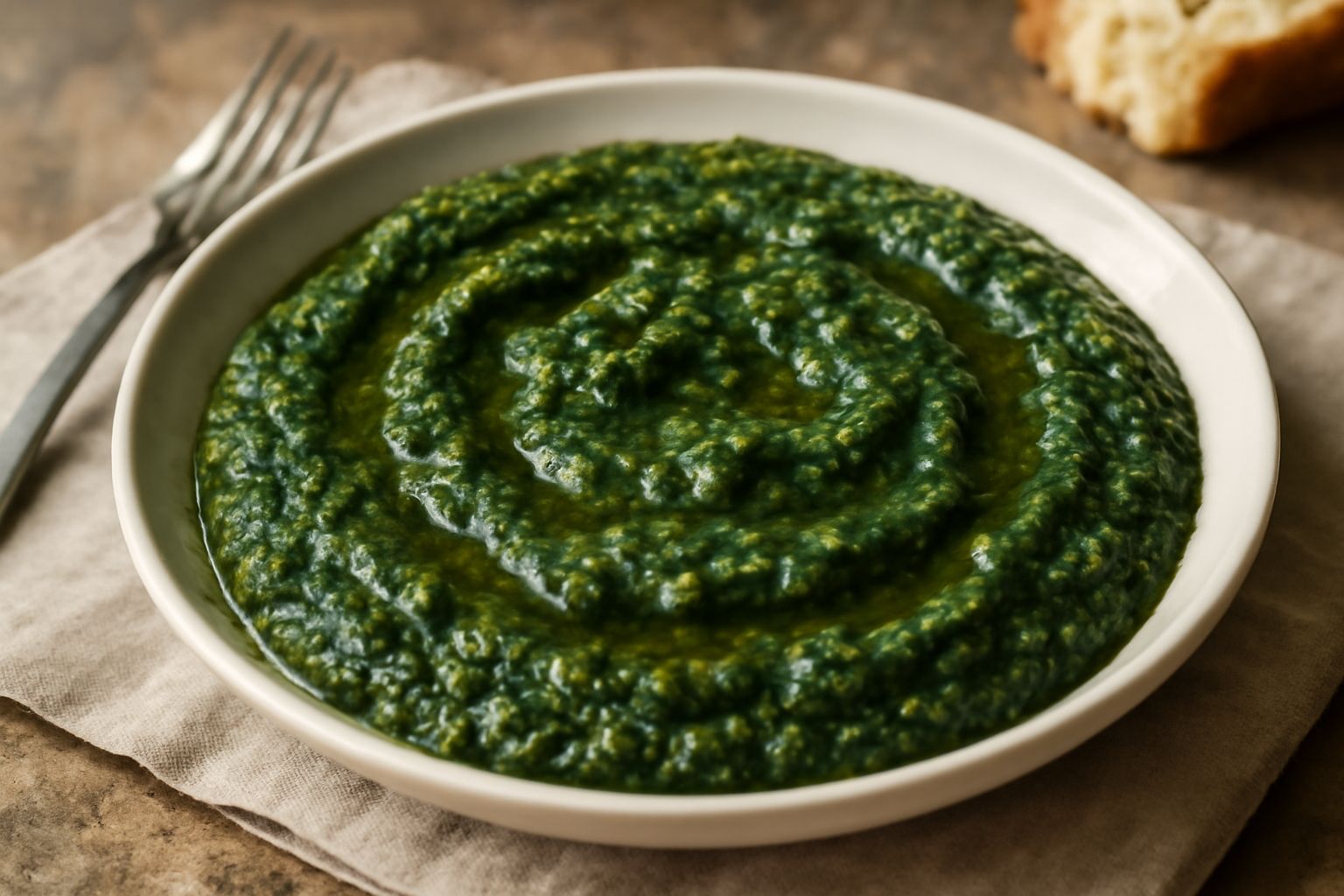 Salsa di rapa verde intenso in ciotola di ceramica bianca, con tracce di olio lucido in superficie, aglio e peperoncino rosso accanto, e cucchiaio di legno poggiato sul bordo