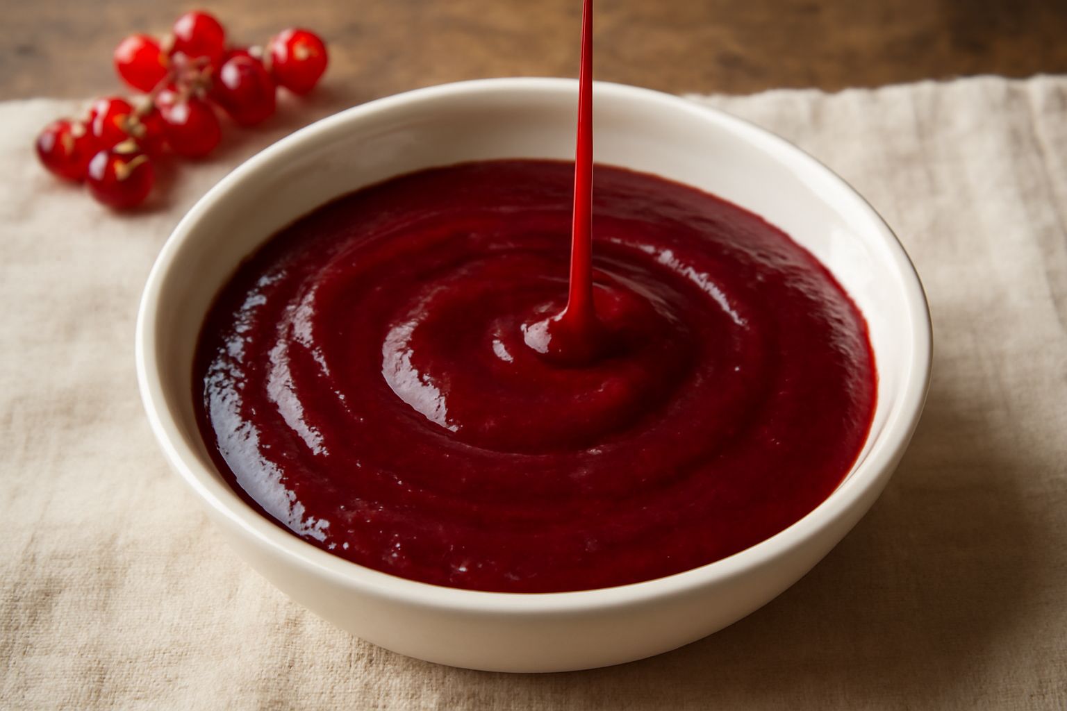 Salsa di ribes rosso scuro in una ciotola bianca, con consistenza lucida e densa, accompagnata da chicchi di ribes fresco accanto e un cucchiaio di legno