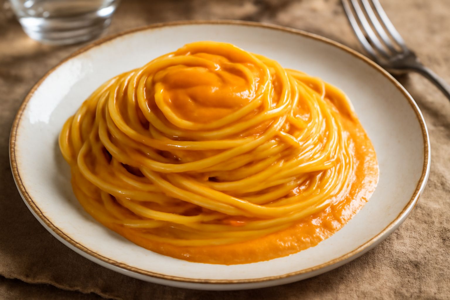 Piatto di pasta fresca condita con salsa di ricci color arancio-giallastro, guarnito con prezzemolo fresco e gocce di olio extravergine, servito in ciotola bianca