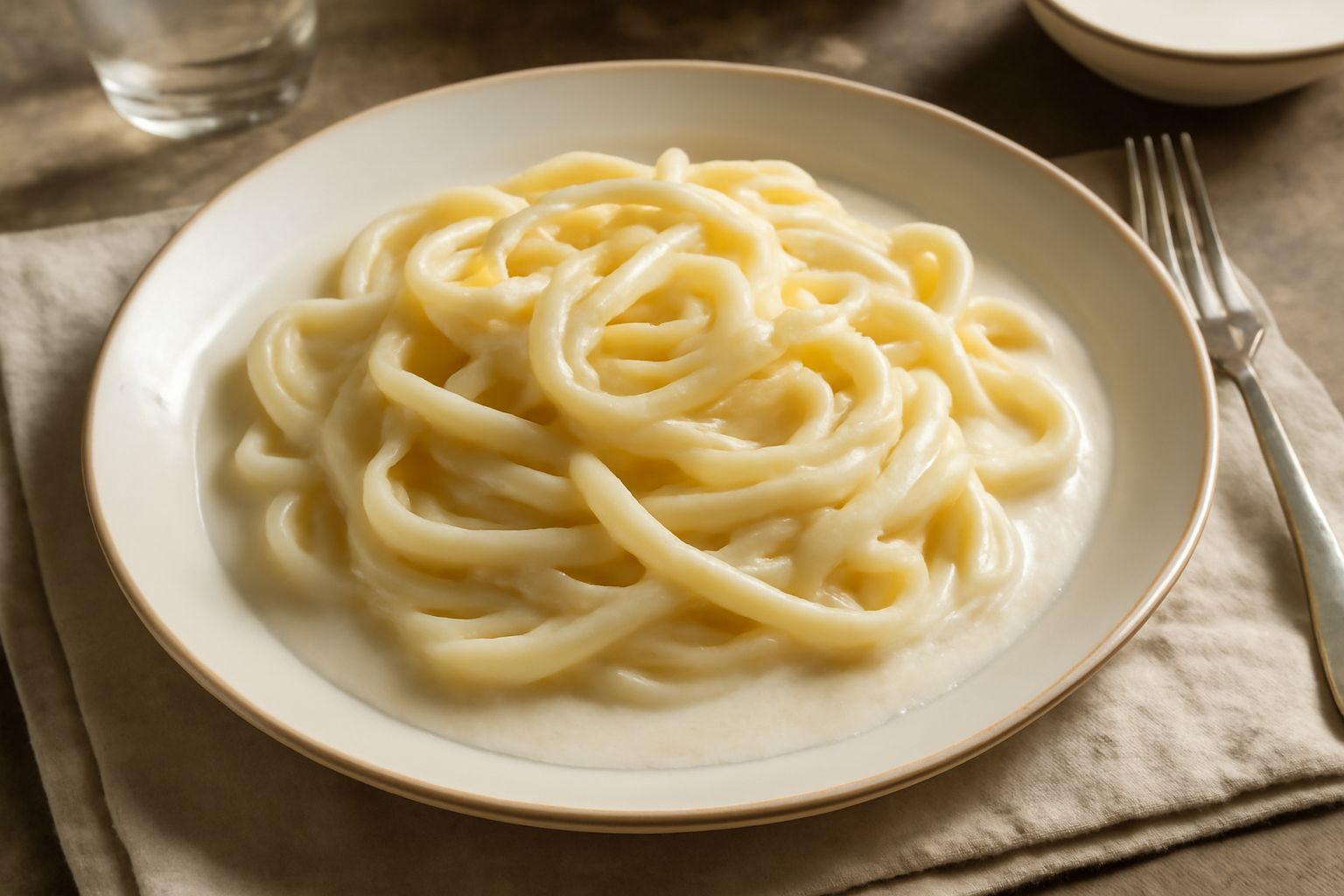 Piatto di pasta rigatoni condita con salsa di riciu cremosa di colore bianco crema, cosparsa di formaggio grattugiato e pepe nero, guarnita con prezzemolo fresco su fondo bianco