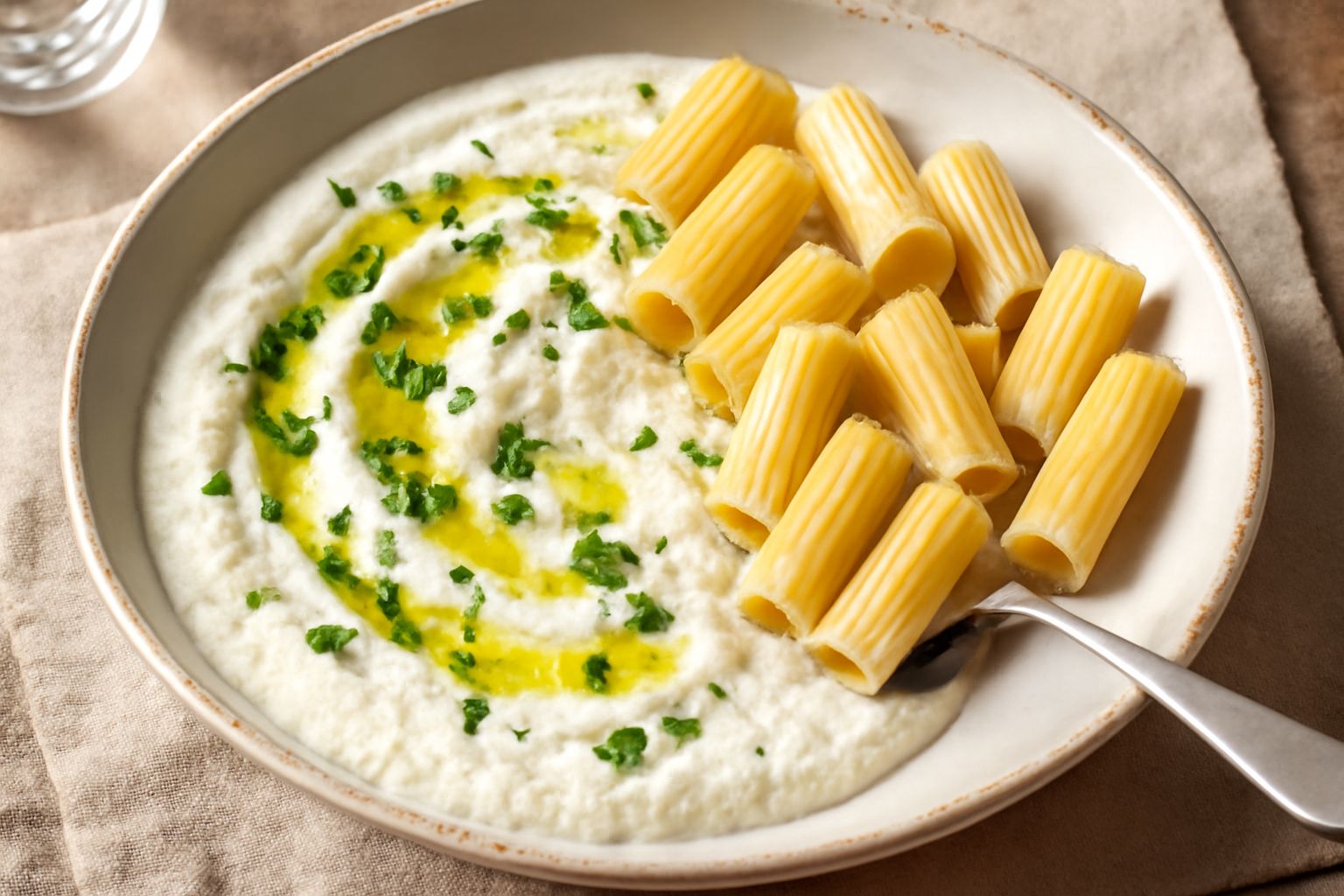 Salsa di ricotta bianca e cremosa in ciotola di ceramica, con superficie liscia, filamenti d'olio verde in superficie, guarnita con prezzemolo fresco tritato e pepe nero macinato