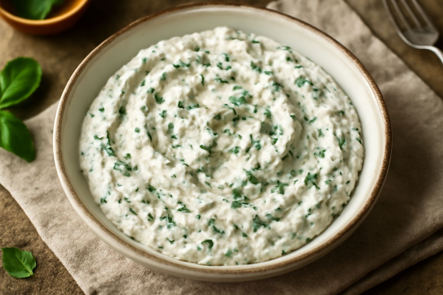 Salsa di ricotta bianca cremosa in una ciotola, guarnita con erbe fresche verdi e un filo di olio d'oliva, con spicchio di limone sullo sfondo