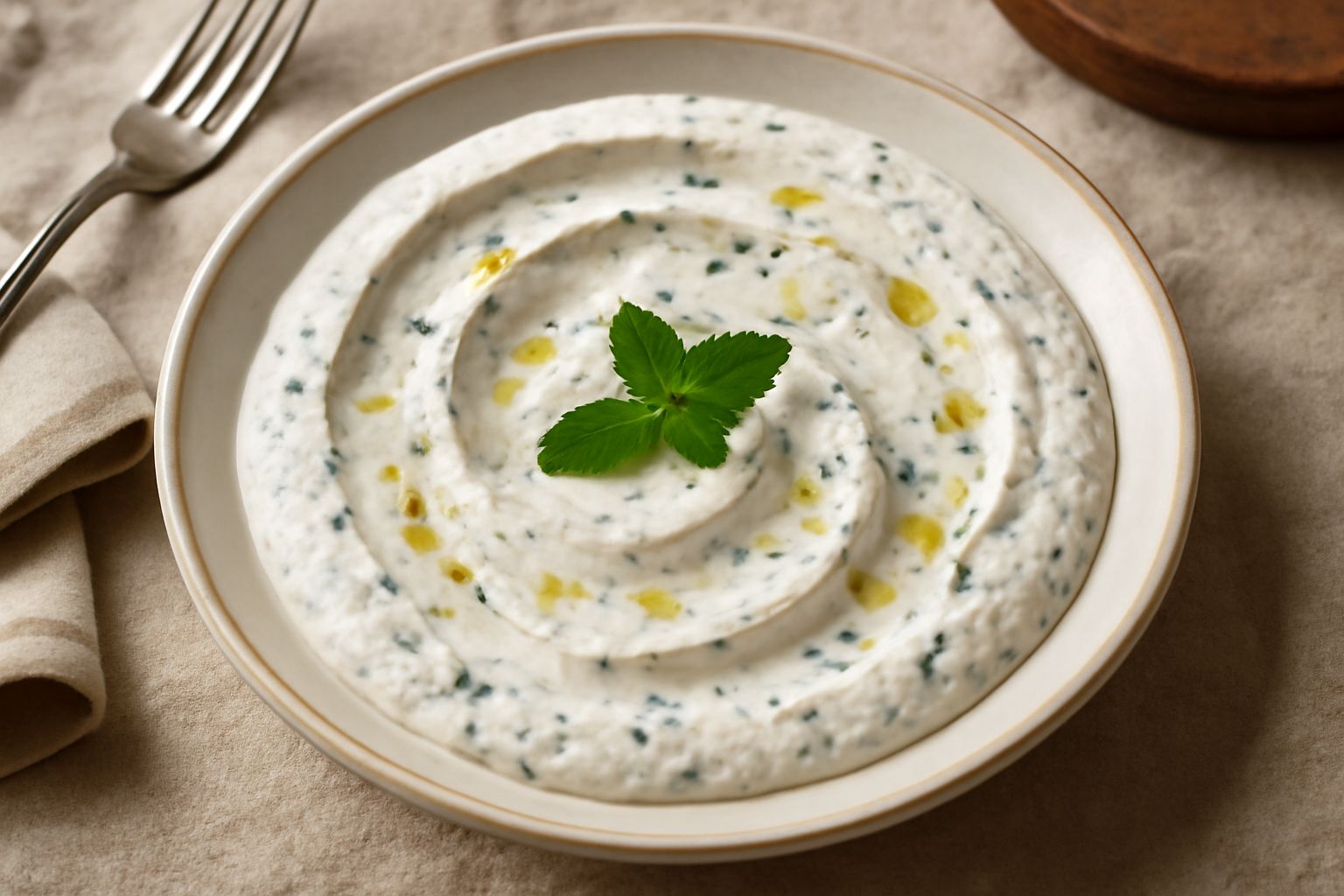 Salsa bianca cremosa di ricotta con foglie verdi di menta fresca e gocce di limone, servita in una ciotola di ceramica bianca, con un cucchiaio di legno accanto