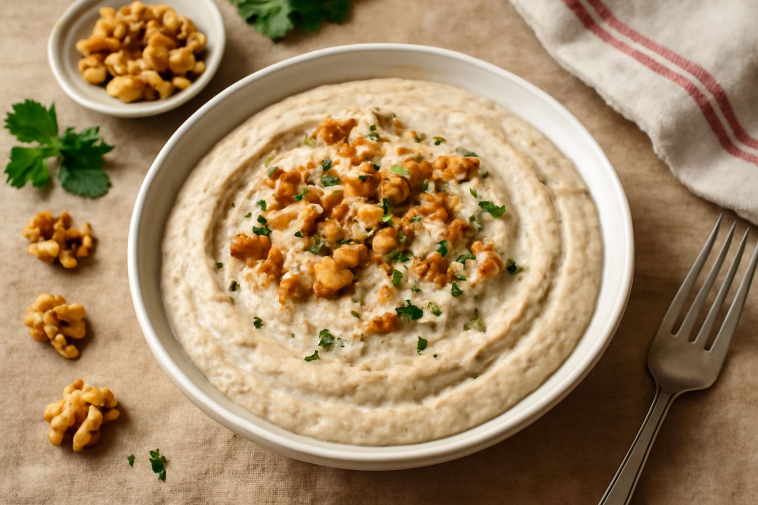 Ciotola di salsa cremosa beige con pezzi di noce visibili, condita con pepe nero e prezzemolo fresco, accanto a fette di pane tostato su una tavola di legno chiaro