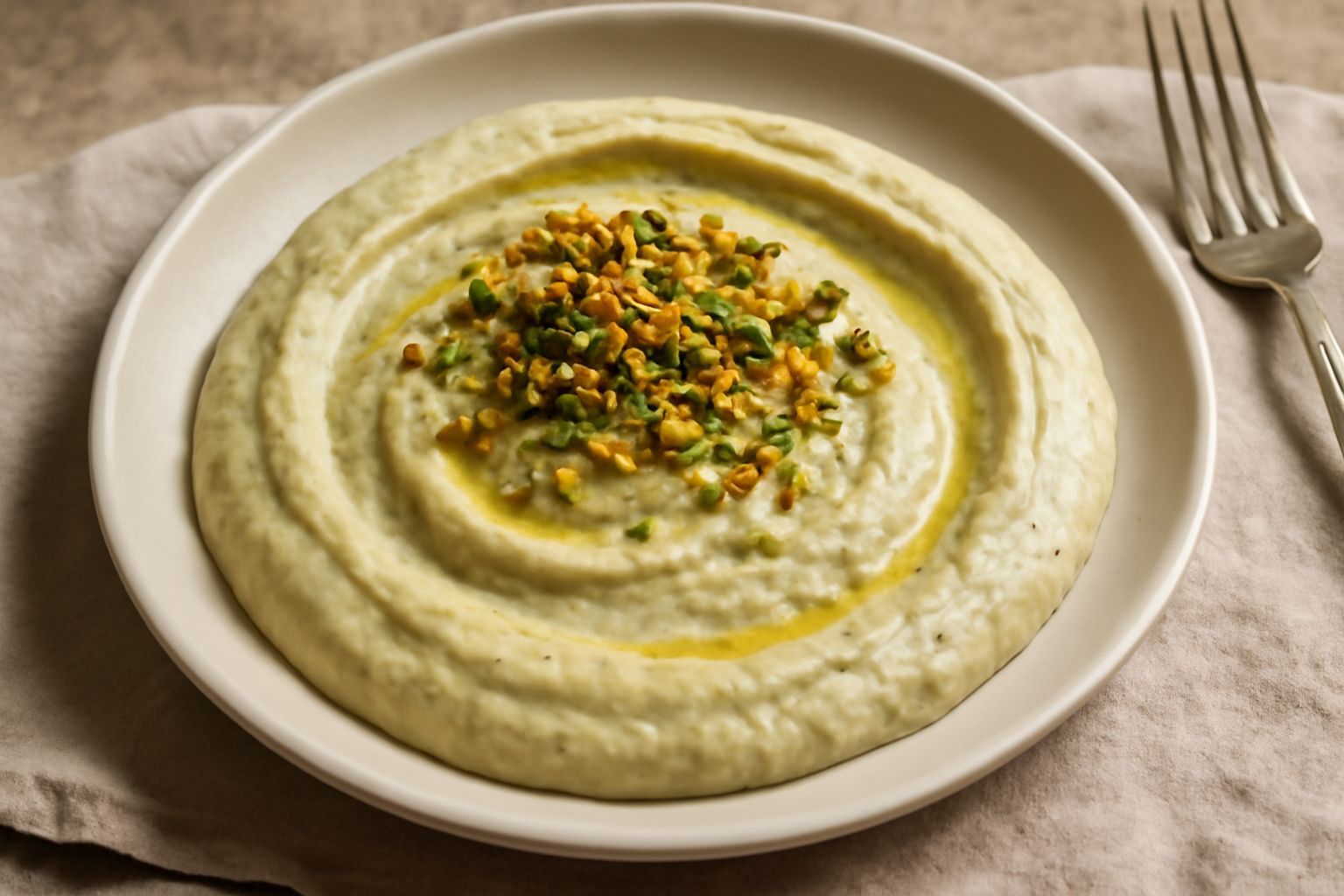 Ciotola di ceramica bianca con salsa verde pallido cremosa, guarnita con pistacchio tritato e filo di olio dorato, su tavolo di marmo bianco con limone e pistacchio intero accanto