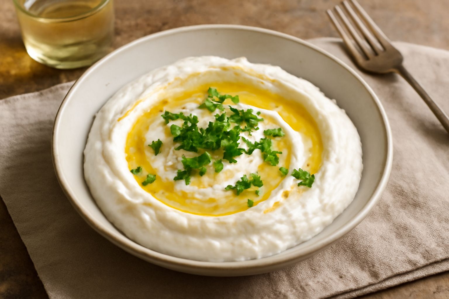 Salsa di ricotta bianca e cremosa in una ciotola di ceramica, guarnita con prezzemolo fresco tritato e pepe nero, con un cucchiaio dentro e sfondo neutro grigio