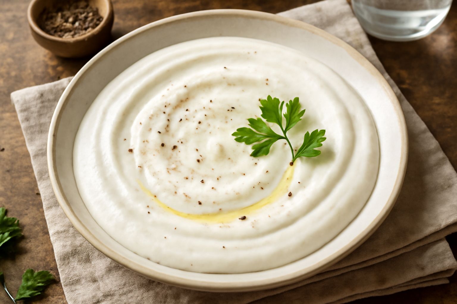 Ciotola di ceramica bianca con salsa di ricotta salata cremosa di colore beige chiaro, condita con un filo di olio verde oliva e pepe nero macinato fresco, con spicchi di limone giallo accanto