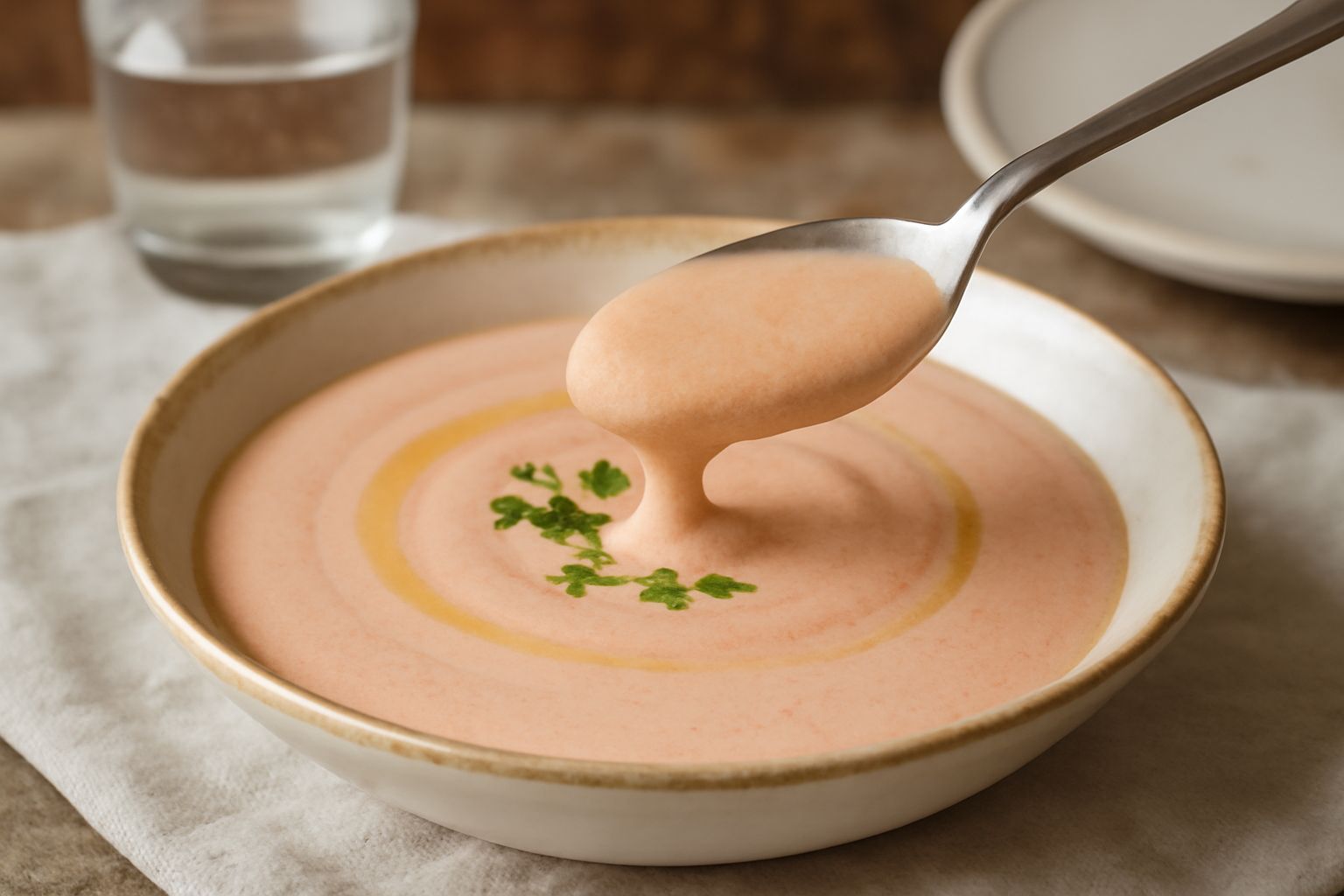 Salsa di roe beige rosata in ciotola bianca, con superficie cremosa liscia, una cucchiaiata che scende lentamente, guarnita da un filo di olio extravergine e pepe nero macinato fresco