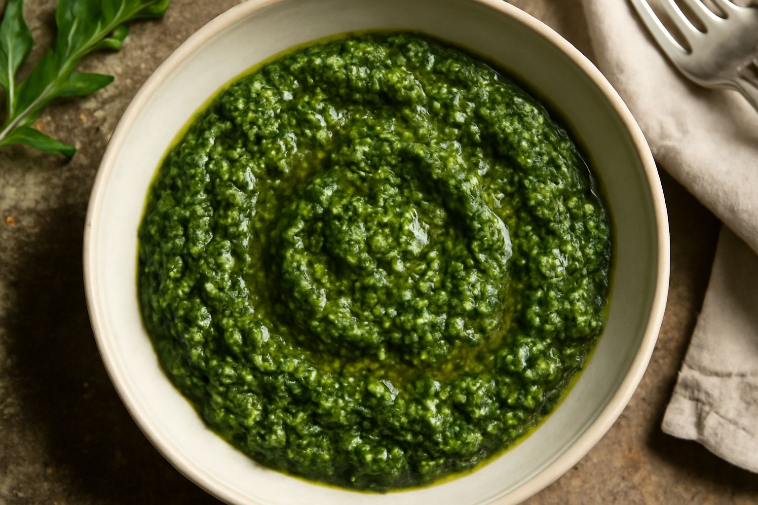 Salsa di rucola selvatica in una ciotola bianca, di colore verde intenso con striature scure, ricoperta di olio d'oliva brillante, con pinoli interi visibili in superficie e una foglia di rucola fresc