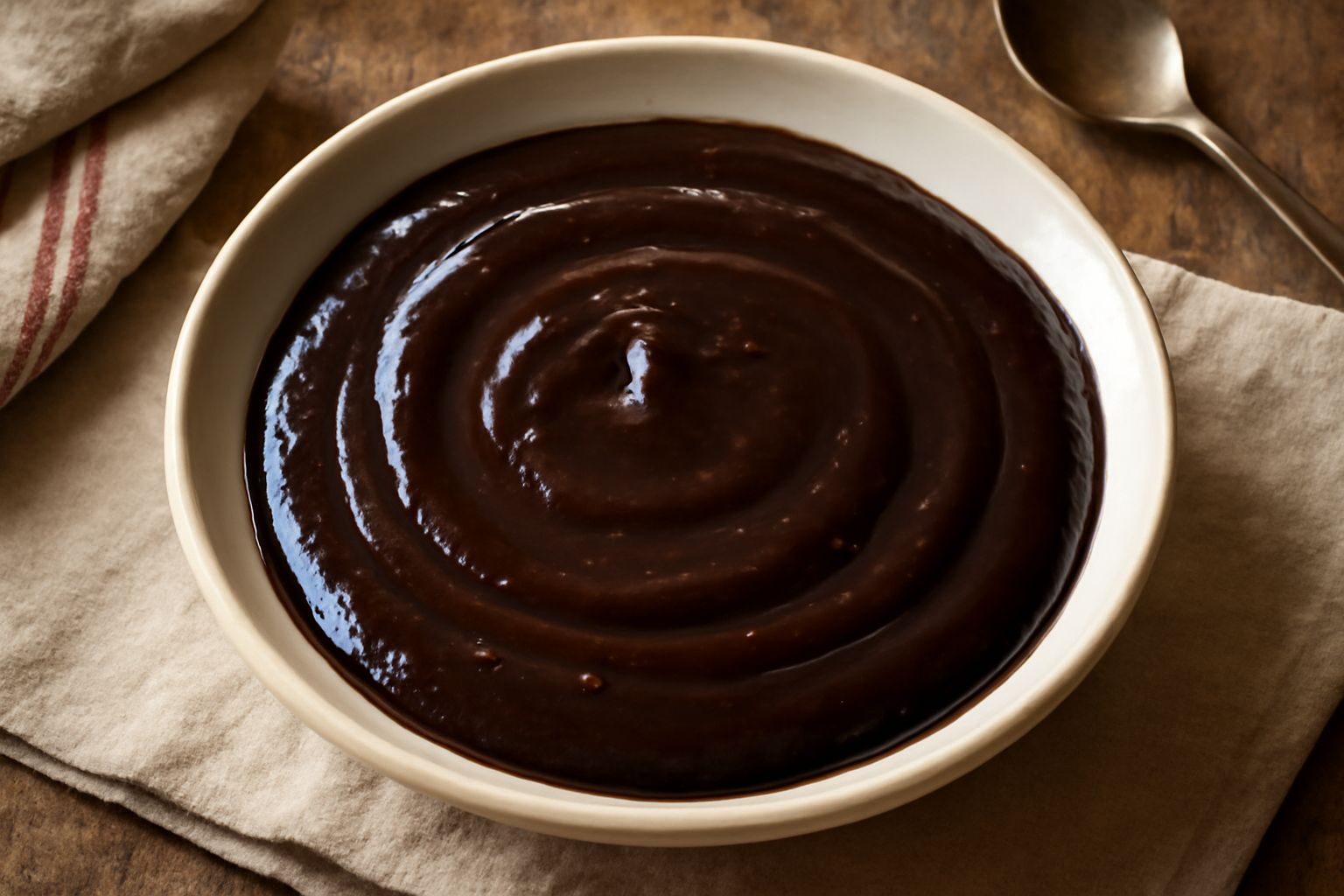 Salsa di sanguinaccio marrone scuro e cremosa in una ciotola bianca, con cucchiaio di legno, accanto a spezie sparse e cacao in polvere