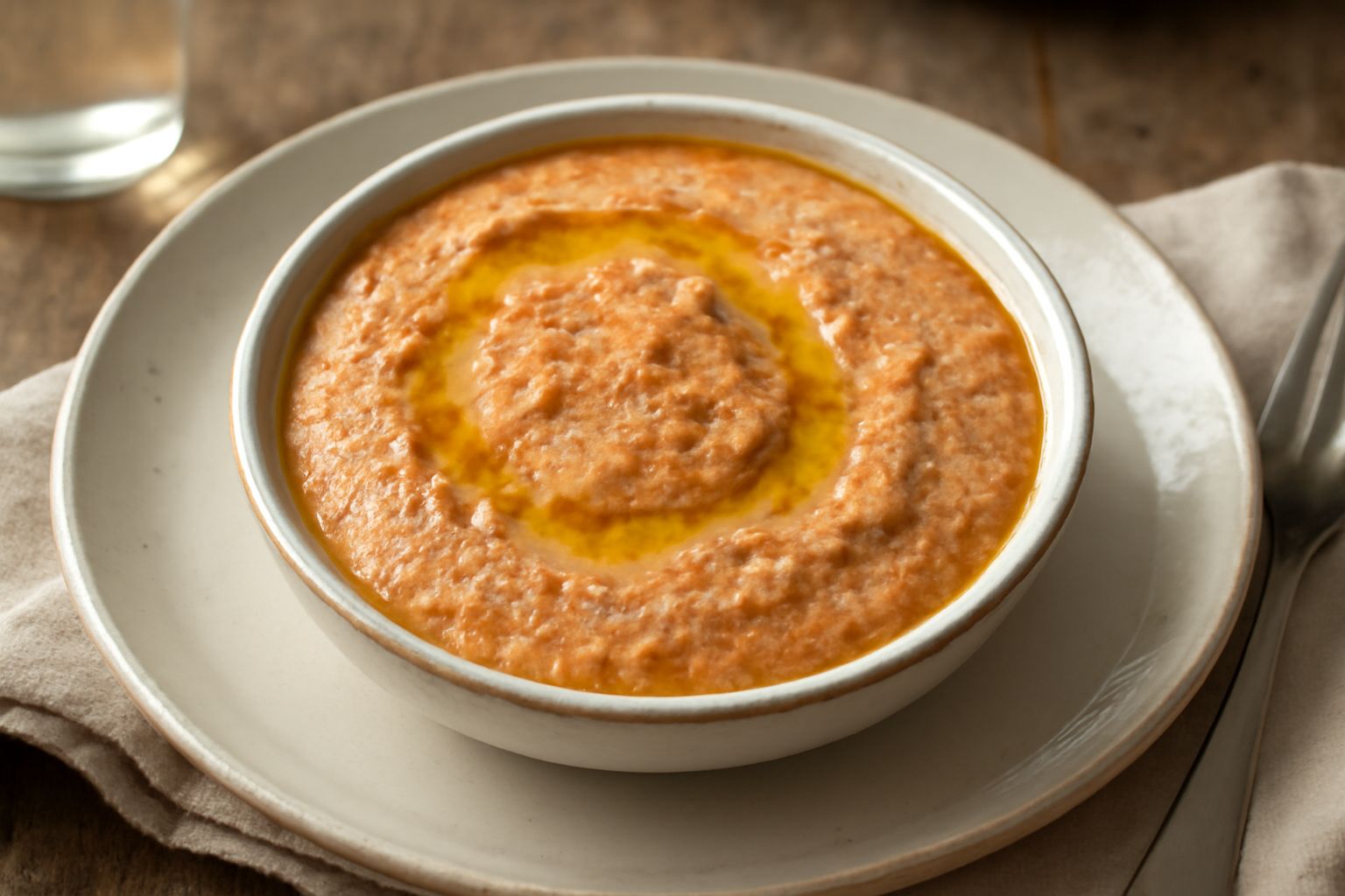 Salsa di sardine color arancio-rosso in una ciotola di ceramica bianca, con olio che brilla in superficie, decorata da prezzemolo fresco verde, sardine intere visibili nel condimento, servita con fett