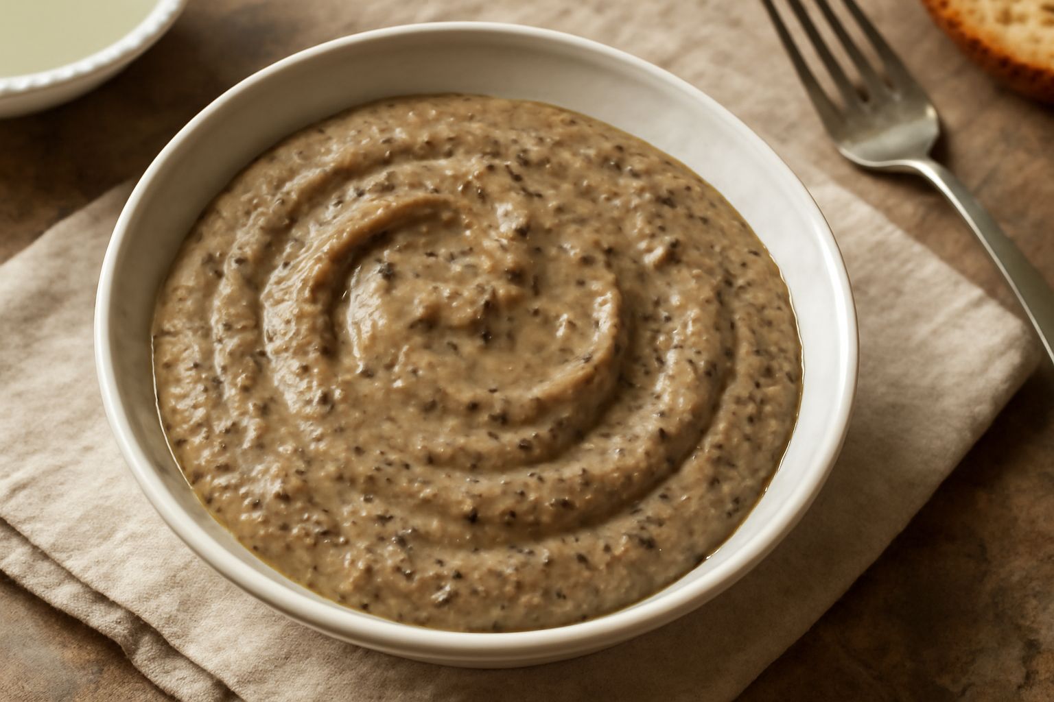 Salsa di tartufo cremosa beige e marrone, servita in una ciotola bianca accanto a pezzi di tartufo nero, su sfondo di legno chiaro con cucchiaio di legno